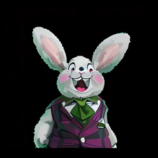 laughing, wearing a green cravat, wearing purple shoes with white stripes and white laces, arms slightly raised, back view, head turned left, looking alarmed, male cartoon rabbit, a triangular shaped white handkerchief sticking out of his right breast-pocket, arms in the air, solo, walking away, looking up and to the right