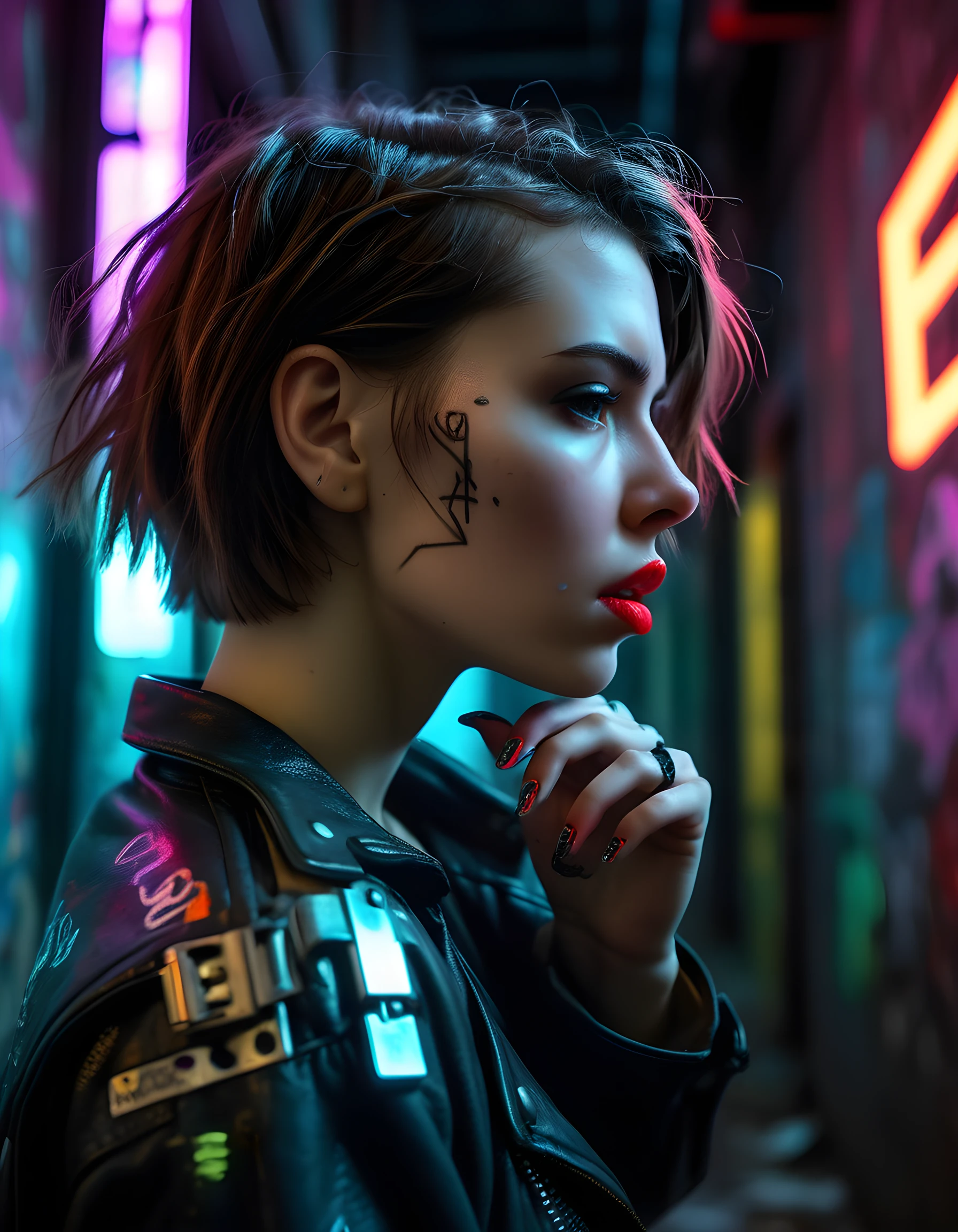 In a grungy, neon-lit cyberpunk alleyway, a woman named L150L3T, with her short, messy brown hair, dons a unique outfit that blends futuristic neon accents with distressed leather and cybernetic elements. Her closed mouth, framed by full, vibrant red lips, remains expressionless as she gazes intently into the distance. The camera angles low from above, capturing her profile while emphasizing the intricate details of her exposed cybernetic implants and carefully manicured nails, all set against a simple, graffiti-stained concrete backdrop that further immerses viewers in the dystopian cityscape. The emotional tone is one of determination and resilience amidst the chaotic, neon-lit urban jungle.