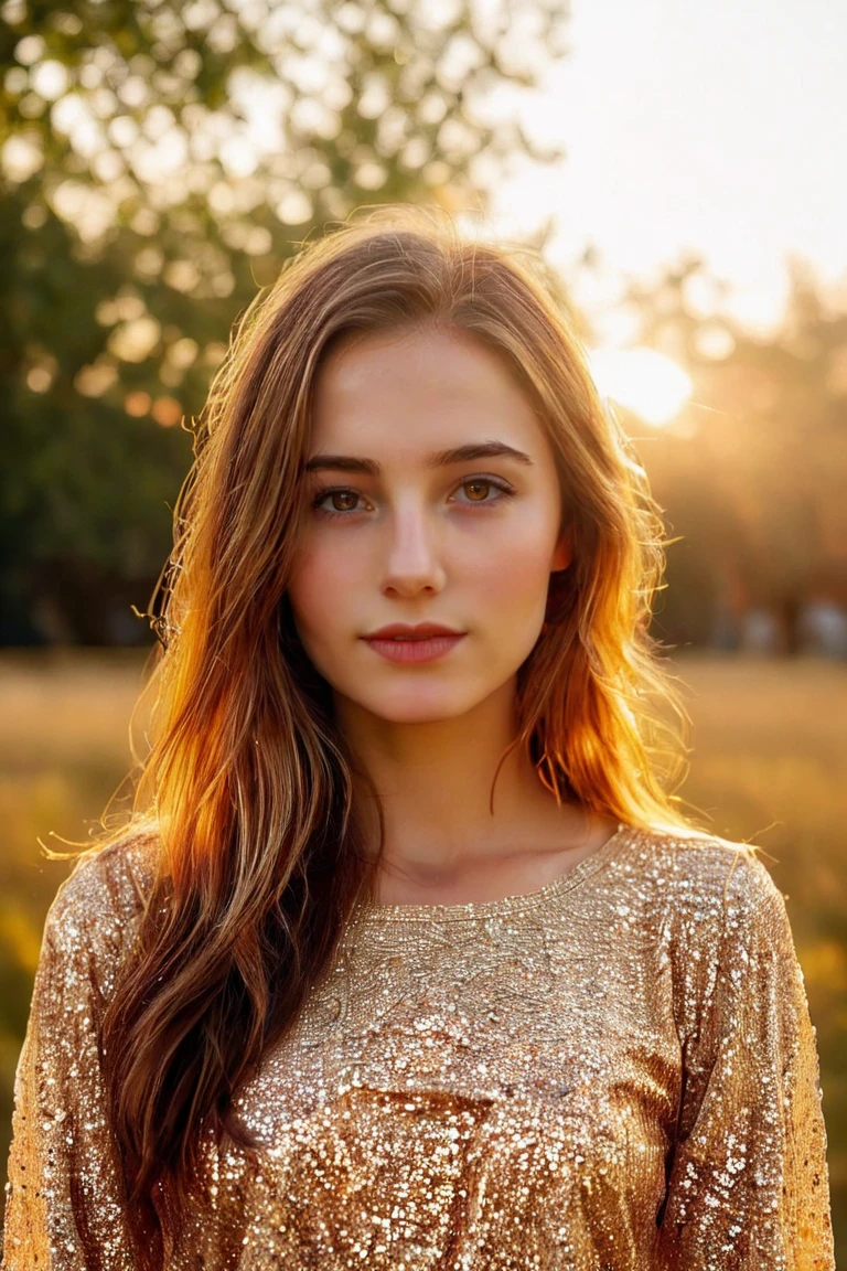 A portrait of a beautiful woman, outdoors, natural background. Ultra realistic face photograph. Golden Hour., realistic,