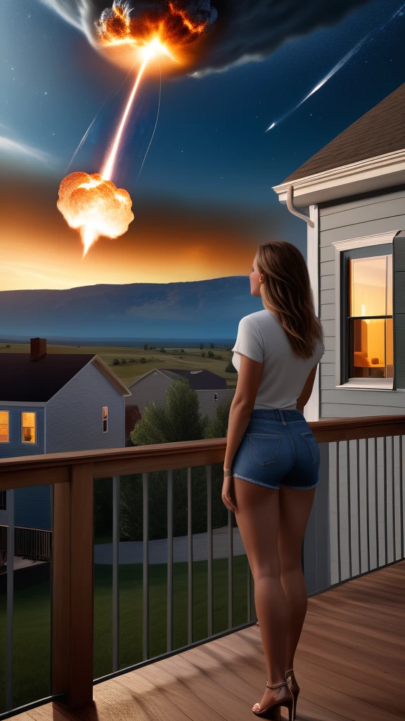 extreme ultra hyper real detailed depth, Alyssa on her deck standing on her deck watching a meteor coming down from the sky towards her house, she is wearing a housewife pants and shirt, raw, masterpiece, extremely hyper exquisite, extreme insanely realistic detailed and intricate, extreme real quality, extreme best real picture, extreme realistic detail, extreme photo realism, extremely super fine photo real detail, hyper real 1080P, extreme realistic 3D, extreme real HD, extreme real VFX, extreme real SFX, extreme real FKAA, extreme real TXAA, extreme real RTX, extreme real SSAO, extreme depth 3D real detail, me meteor