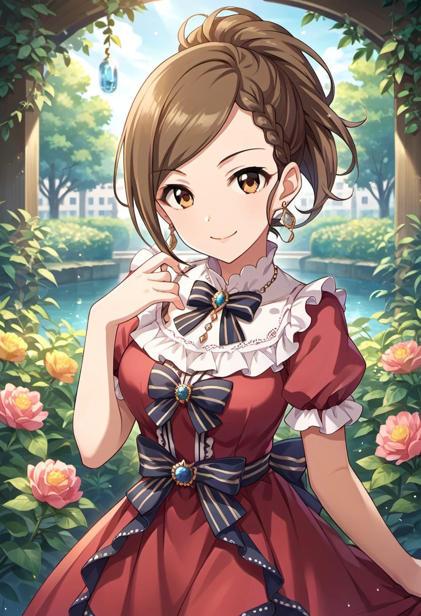 score_9, score_8_up, score_7_up, source_anime,hyoudou rena, brown hair, brown eyes, 1girl, solo, jewelry, earrings, smile, braid, looking at viewer, dress, bow, ponytail, frills