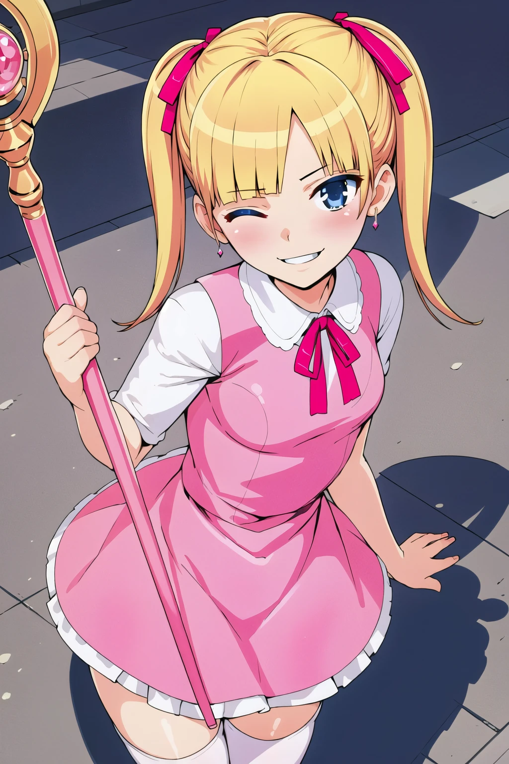 1girl, Rina Arisugawa, blonde hair, blue eyes, twintails,
magical girl, (pink dress: 1.4), white thighhighs, (pink ribbon), frills, magical staff,
wink, one eye closed, smile, street,
masterpiece, best quality, highres, absurdres <lora:CulturedDiffusion_Rina_Arisugawa_Mistoon:0.6>