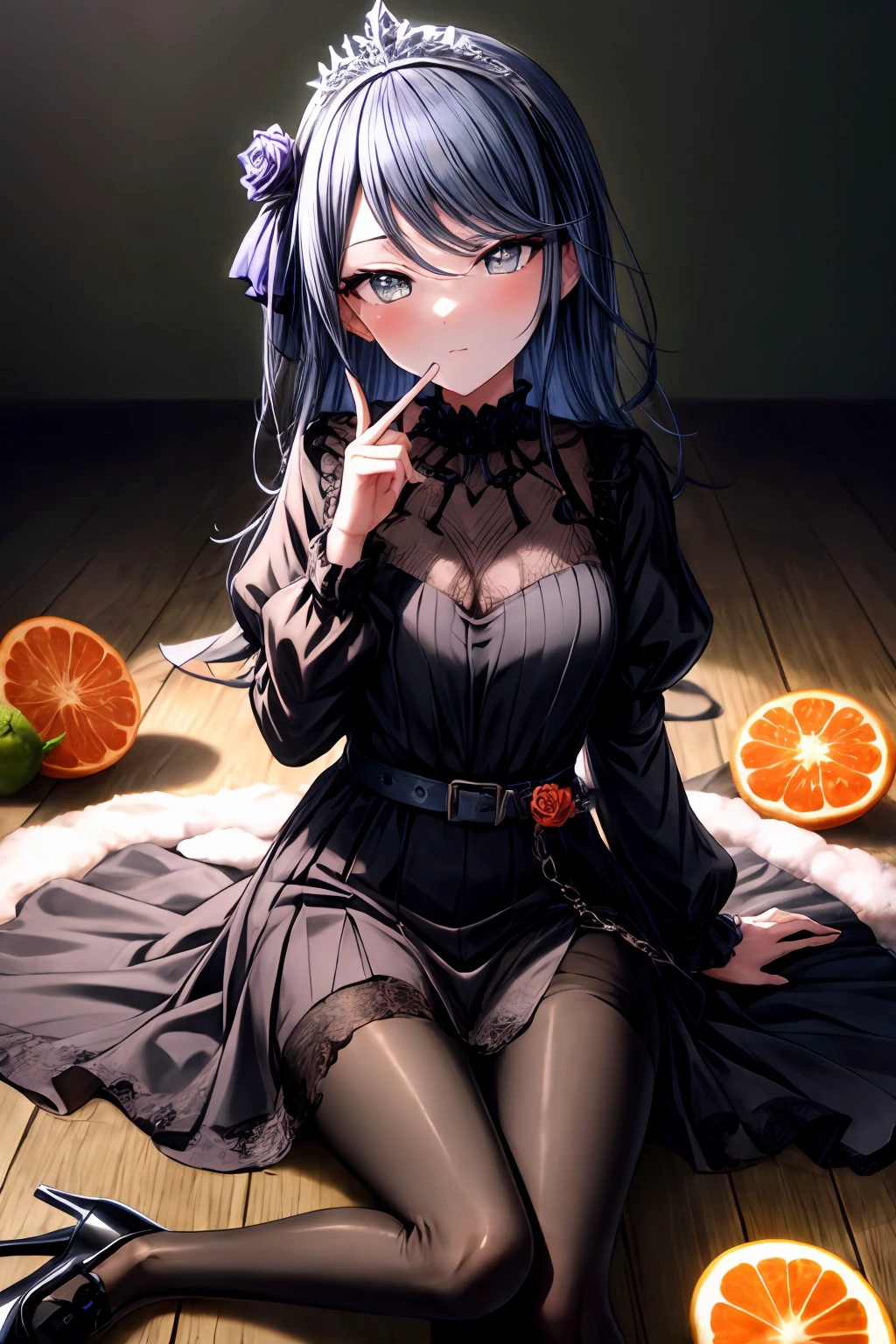 (masterpiece), best quality, expressive eyes, perfect face, h_ichika, looking at viewer, long sleeves, dress, jewelry, sitting, flower, pantyhose, hairband, food, shoes, striped, puffy sleeves, belt, black footwear, black dress, high heels, cup, black pantyhose, sparkle, fruit, rose, arm support, bottle, tiara, juliet sleeves, red flower, gem, hair over shoulder, light particles, vertical stripes, finger to mouth, alcohol, drinking glass, minigirl, red rose, brown dress, oversized object, orange (fruit), orange slice, whiskey, <lora:more_details:0.7>, <lora:99f9cff9-1277-4a53-bd19-47ba8cbb6821:0.7>