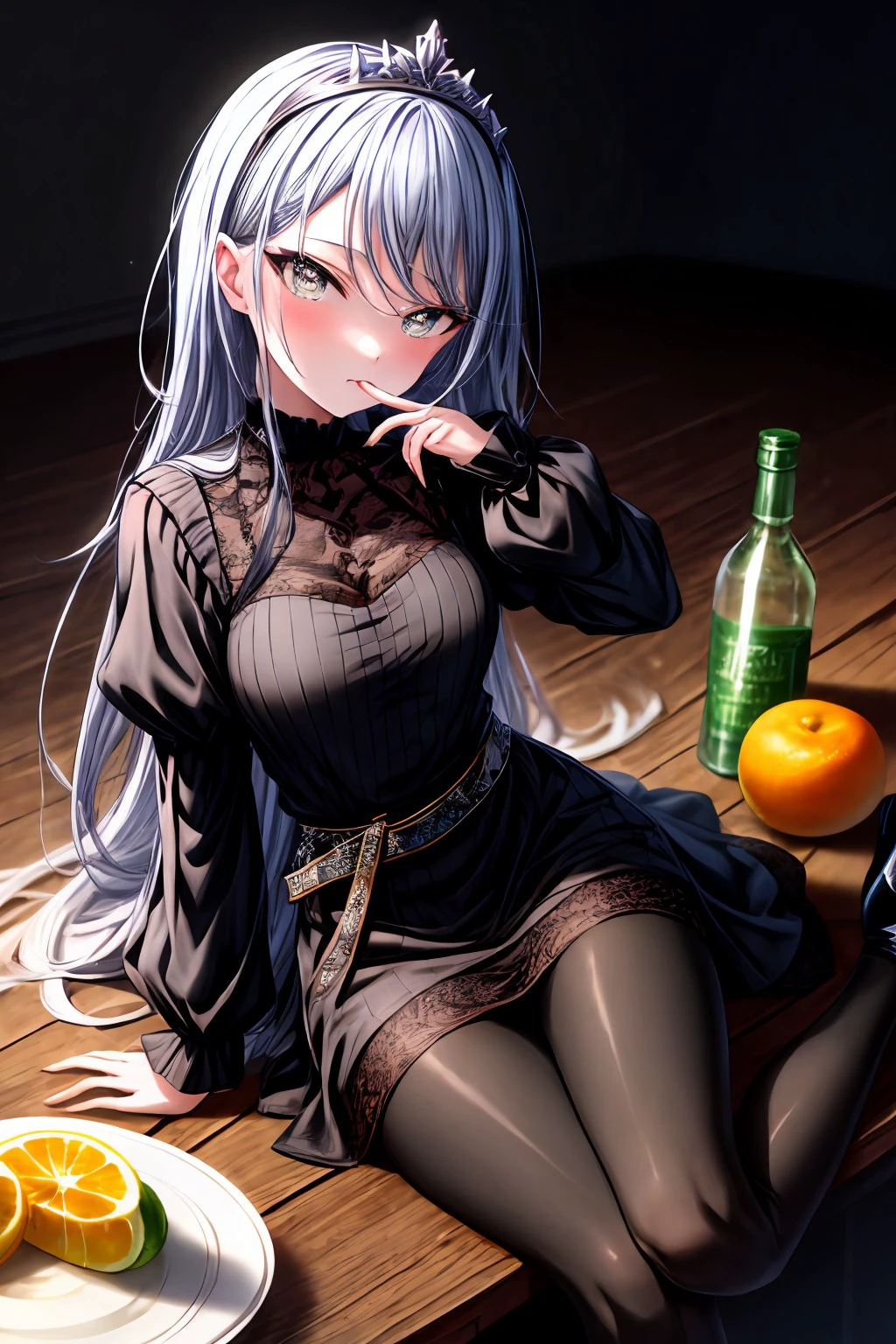 (masterpiece), best quality, expressive eyes, perfect face, h_ichika, looking at viewer, long sleeves, dress, jewelry, sitting, flower, pantyhose, hairband, food, shoes, striped, puffy sleeves, belt, black footwear, black dress, high heels, cup, black pantyhose, sparkle, fruit, rose, arm support, bottle, tiara, juliet sleeves, red flower, gem, hair over shoulder, light particles, vertical stripes, finger to mouth, alcohol, drinking glass, minigirl, red rose, brown dress, oversized object, orange (fruit), orange slice, whiskey, <lora:more_details:0.7>, <lora:99f9cff9-1277-4a53-bd19-47ba8cbb6821:0.7>