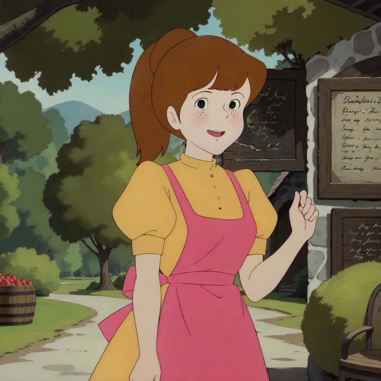 <lora:TCoC_WaitressXLpony002>,
outdoors,nature,
looking at viewer,smile,open mouth,
solo,
Waitress,1girl,brown hair,ponytail,black eyes,
yellow dress,puffy_sleeves,short_sleeves,pink apron,