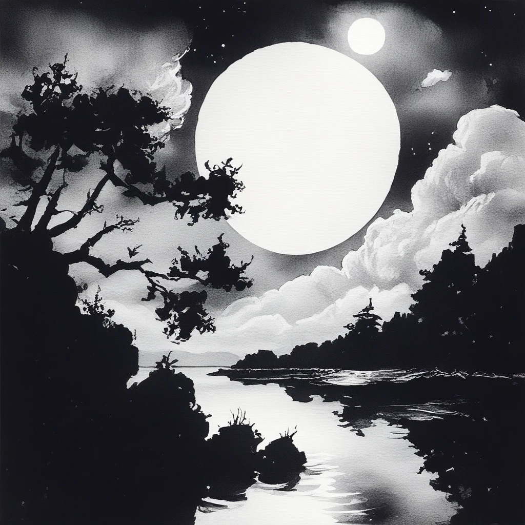 ArsMJStyle, Zen Ink Wash Sumi-e, A black and white photo of a river with a full moon in the sky., no humans, monochrome, moon, scenery, outdoors, tree, cloud, sky, greyscale, full moon