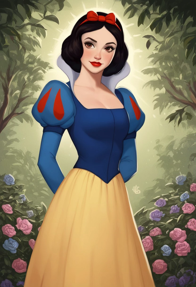 score_9, score_8_up, score_7_up, score_6_up, score_5_up, score_4_up, sexy girl, 1girl, Snowwhite, Disney, \(Snow White and the Seven Dwarfs\)/,(ultra HD quality details), brown eyes, black hair, bobbed hair, pale skin, blue sleeves with red slashing, puffy sleeves, yellow skirt, laced petticoat, dress, white collar,
 makeup, red lipstick, red hair bow, modest smile, modest look, seducing viewer, hearts, posing, sexy pose, solo, hairband, large saggy boobs, fantasy forest, apple tree, submission, flowers, sun light, cinematic lightings