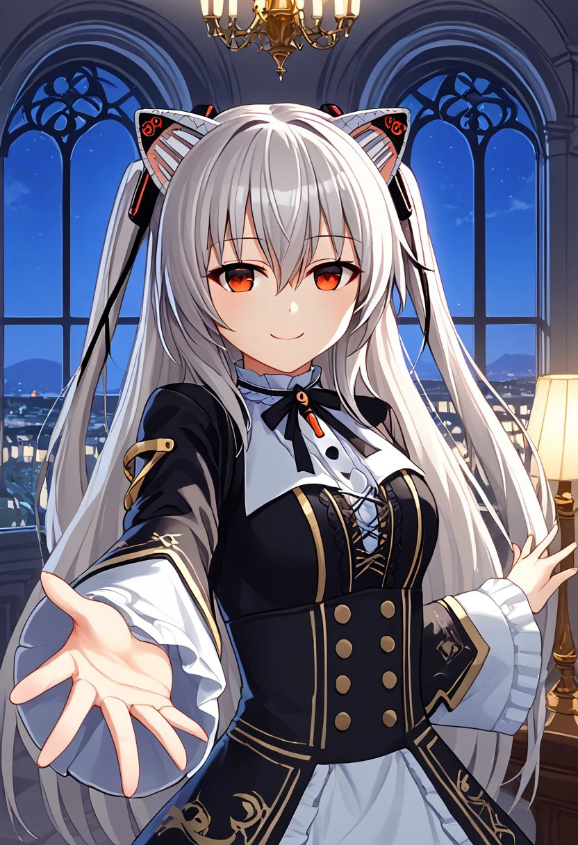 1girl, solo, NoraCat1, red eyes, mechanical ears, cat ears, two side up, bangs, hair between eyes, grey hair, very long hair, white hair,
black dress, long sleeves, frills, wide sleeves, neck ribbon, black ribbon, sleeves past wrists, patterned clothing,
smile, closed mouth,
reaching toward viewer, reaching, offering hand, outstretched arm, outstretched hand, beckoning,
indoors, chandelier, windows, night, backlighting,