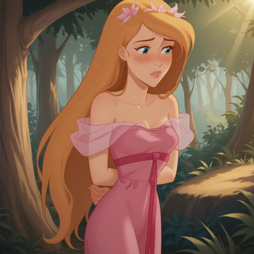 score_9, score_8_up, score_7, BREAK, giselle_enchanted, long hair, blonde hair, blue eyes, pink dress, hands behind back, blush, shy, forest, sunlight, shadows, natural lighting