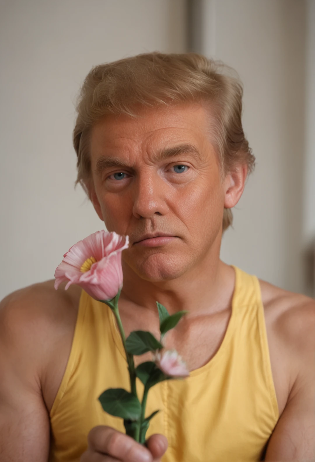 score_9, score_8_up, score_7_up , Trumpet, solo, looking at viewer, blonde hair, 1boy, yellow tank top, male focus, portrait, realistic, upper body, holding, holding flowers,