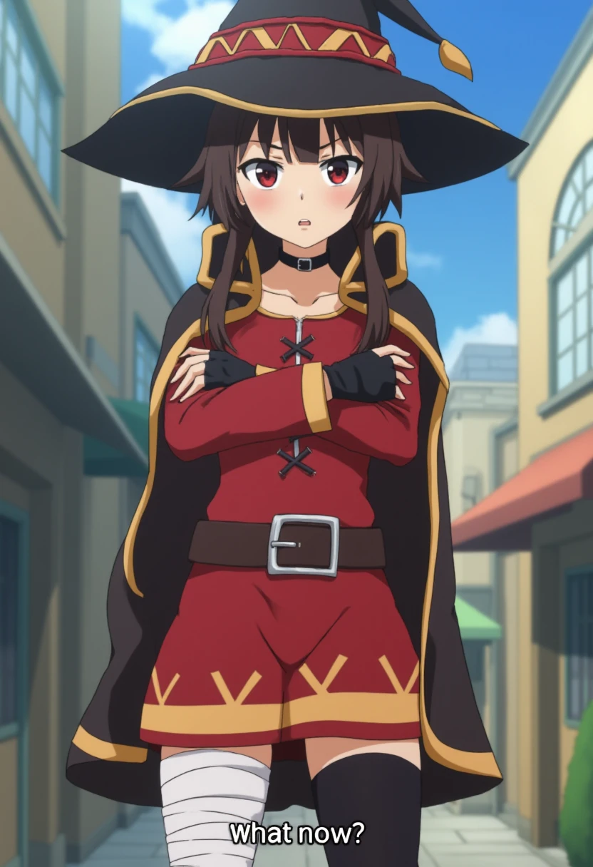 still frame japanese anime screencap from 2019, megumin wearing a witch hat and a cape, dressed in a red long sleeved strapless dress with a brown belt wearing black fingerless gloves and a collar, she wears bandages on her left left and black thighhighs on her right leg, she is looking at the camera mouth opened, her arms are crossed, subtitles bottom of the screen that says "what now?", outdoors fantasy town day,