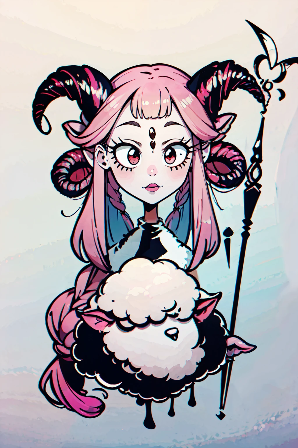 ((masterpiece,best quality)), absurdres,  <lora:Creepy_v2:0.8>,  1girl, solo, simple background, white background, holding, pink hair, braid, horns, colored skin, bug, staff, butterfly, portrait, curled horns, sheep horns, pink skin, sheep, sheep girl