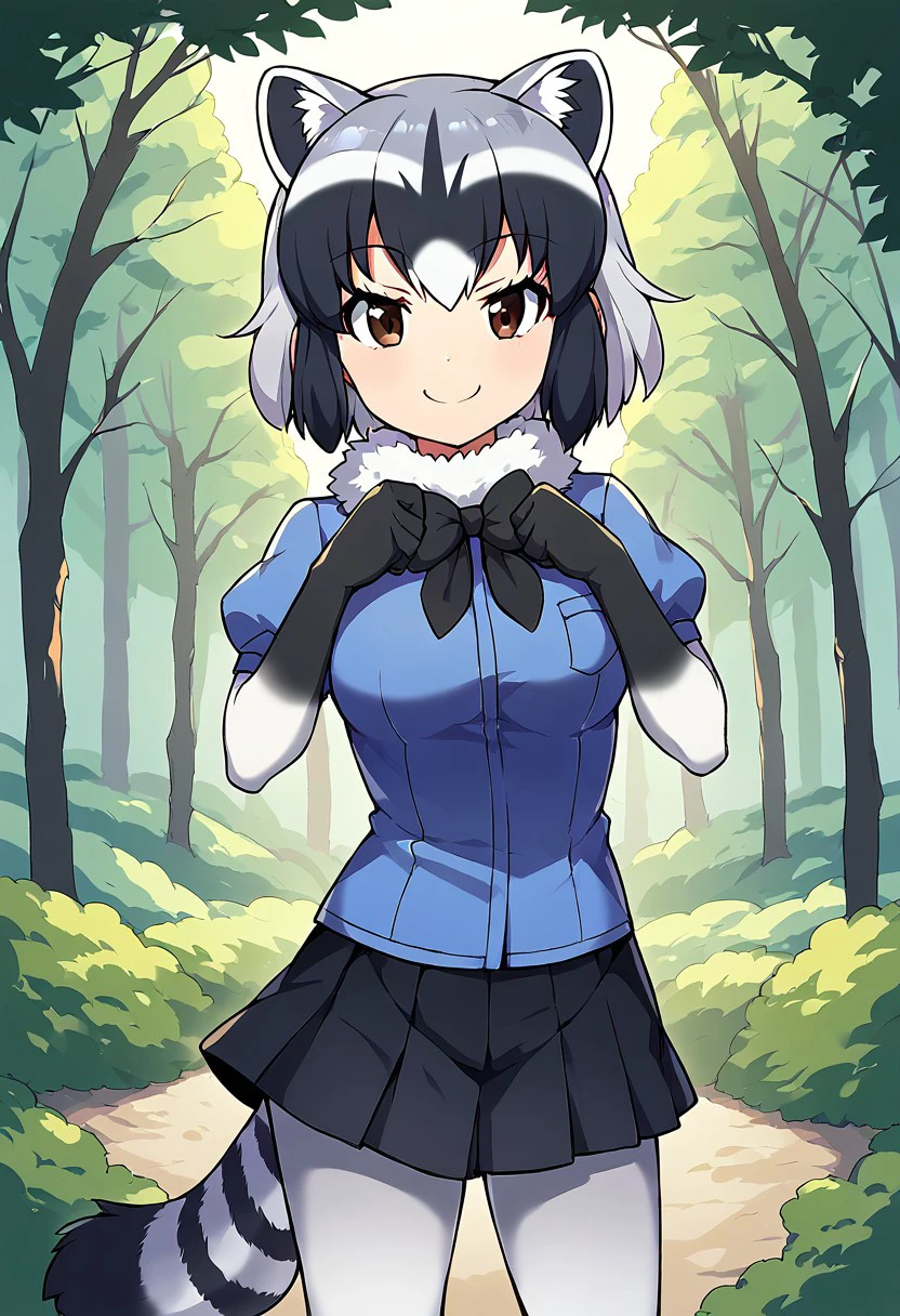 1girl, solo, best quality, ultra-detailed, extremely detailed, perfect anatomy, masterpiece, score_9, score_8_up, score_7_up, Common Raccoon (Kemono Friends), raccoon ears, brown eyes, bangs, multicolored hair, tail, raccoon tail, grey hair, black hair, white hair, short hair, black bowtie, puffy short sleeves, black gloves, elbow gloves, fur collar, pleated skirt, black skirt, blue shirt, pantyhose, black shoes, outdoors, in a forest, standing, smiling, staring at viewer, cute pose, closeup, three-quarters shot, face focus,