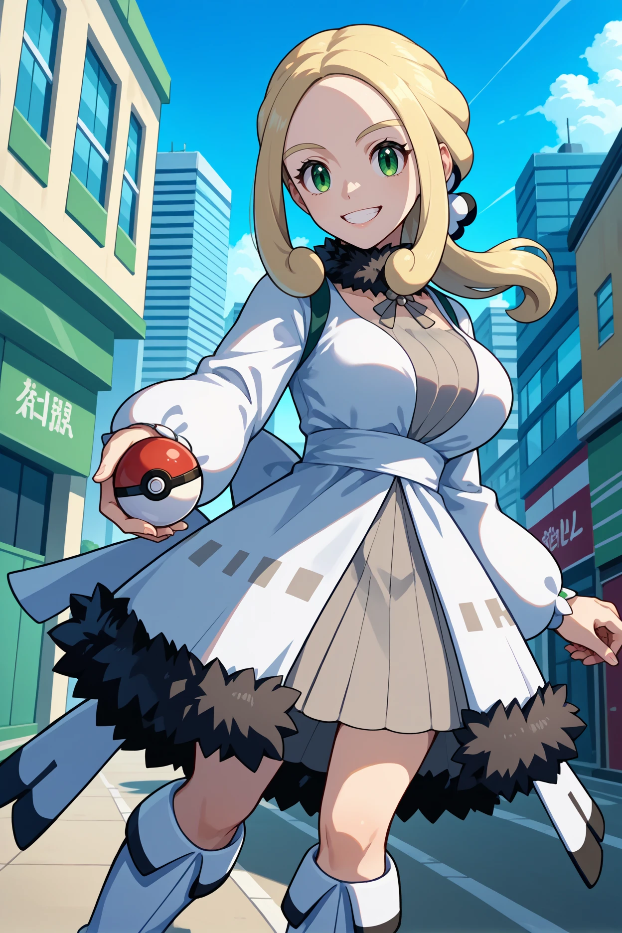 score_9, score_8_up, score_7_up, score_6_up, source_anime, 1girl, solo, <lora:pkmnviola-pdxl-nvwls-v1-000004:1> holVla, blonde hair, green eyes, parted bangs, low ponytail, hair ornament, fur collar, white coat, grey dress, long sleeves, fur trim, big breasts, holding poke ball, grin, happy, blue sky, city, white boots