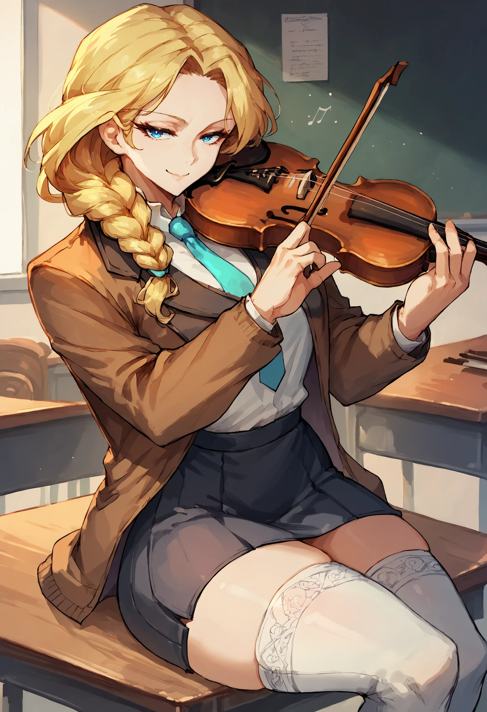 score_9, score_8_up, score_7_up, braided hair, 1girl, blonde hair, blue eyes, teacher, skirt, thighhighs, sitting, table, playing-violin, violin, holding, bow \(music\), playing violin, classroom, blackboard, necktie, looking at viewer, smile, jacket
 <lora:Playing Violin (pony) v1:1>