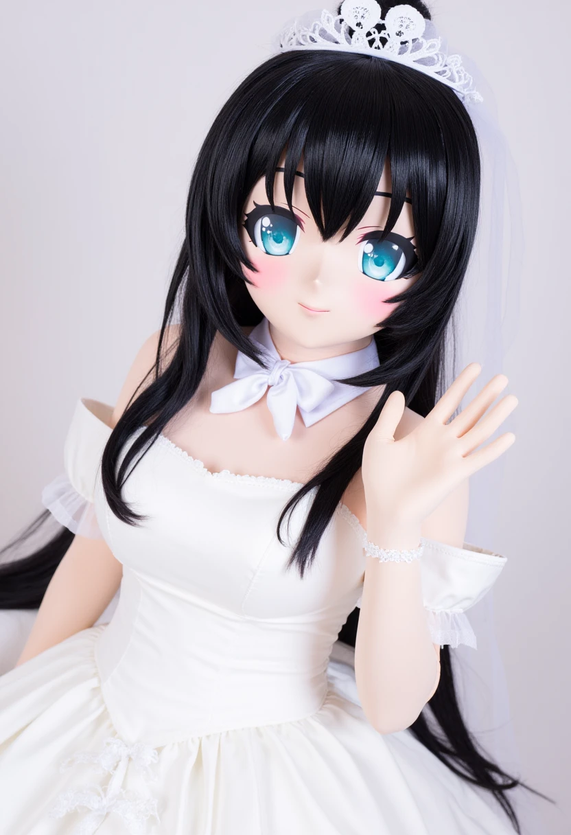 cosplay photo, animegao, cute girl, wedding dress, aqua eyes, long black hair, waving hand