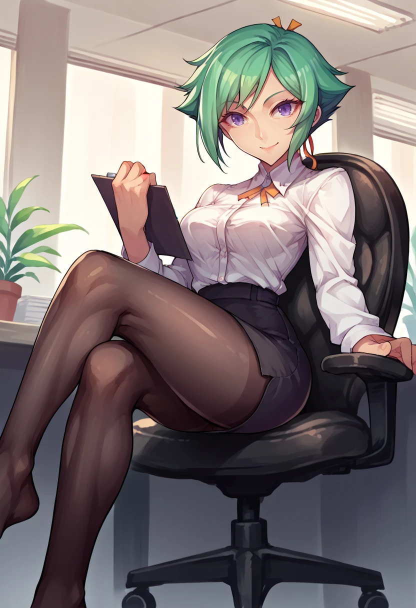 score_9, score_8_up, source_anime, 1girl, solo, ZessicaWong, short hair, hair ribbon, indoors, office lady, office chair, sitting, crossed legs, miniskirt, black pantyhose, dress shirt, smile, <lora:ChamZessicaWongPonyXL:1>