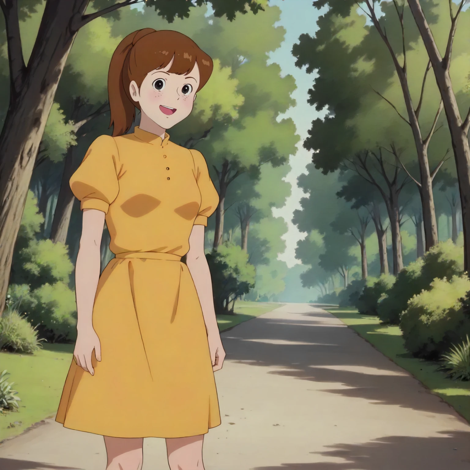 <lora:TCoC_WaitressXLpony002>,
outdoors,nature,
looking at viewer,smile,open mouth,
solo,
1girl,brown hair,ponytail,black eyes,
yellow dress,
standing,