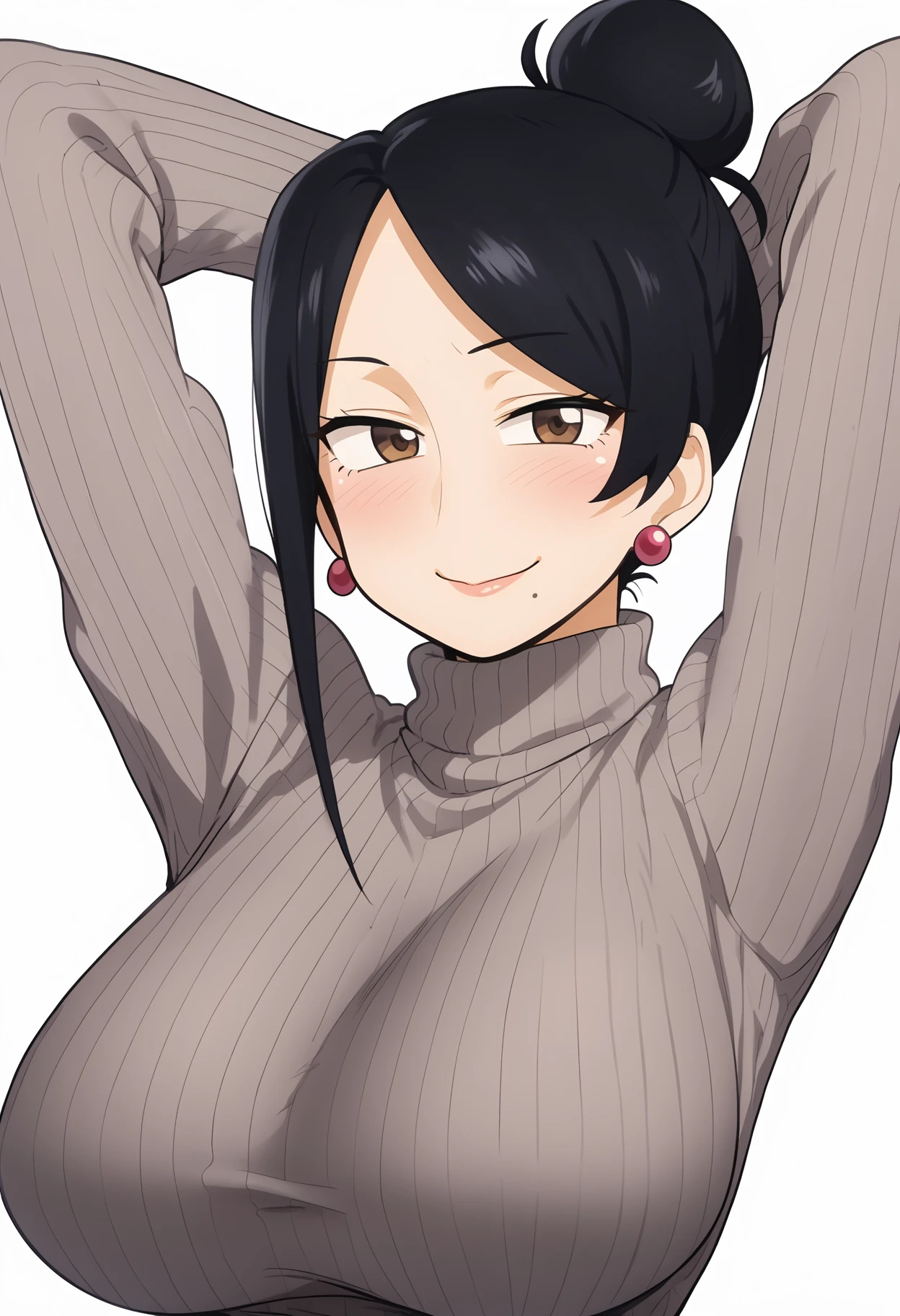 score_9, score_8_up, score_7_up, anime screencap, BREAK
1girl, takizawa, brown eyes, black hair, single hair bun,
large breasts, earrings, mature female,
arms behind head,
sweater, turtleneck,
mole under mouth,
solo, smile, blush, upper body,  looking at viewer, simple background, white background    <lora:TakizawaXL:1>