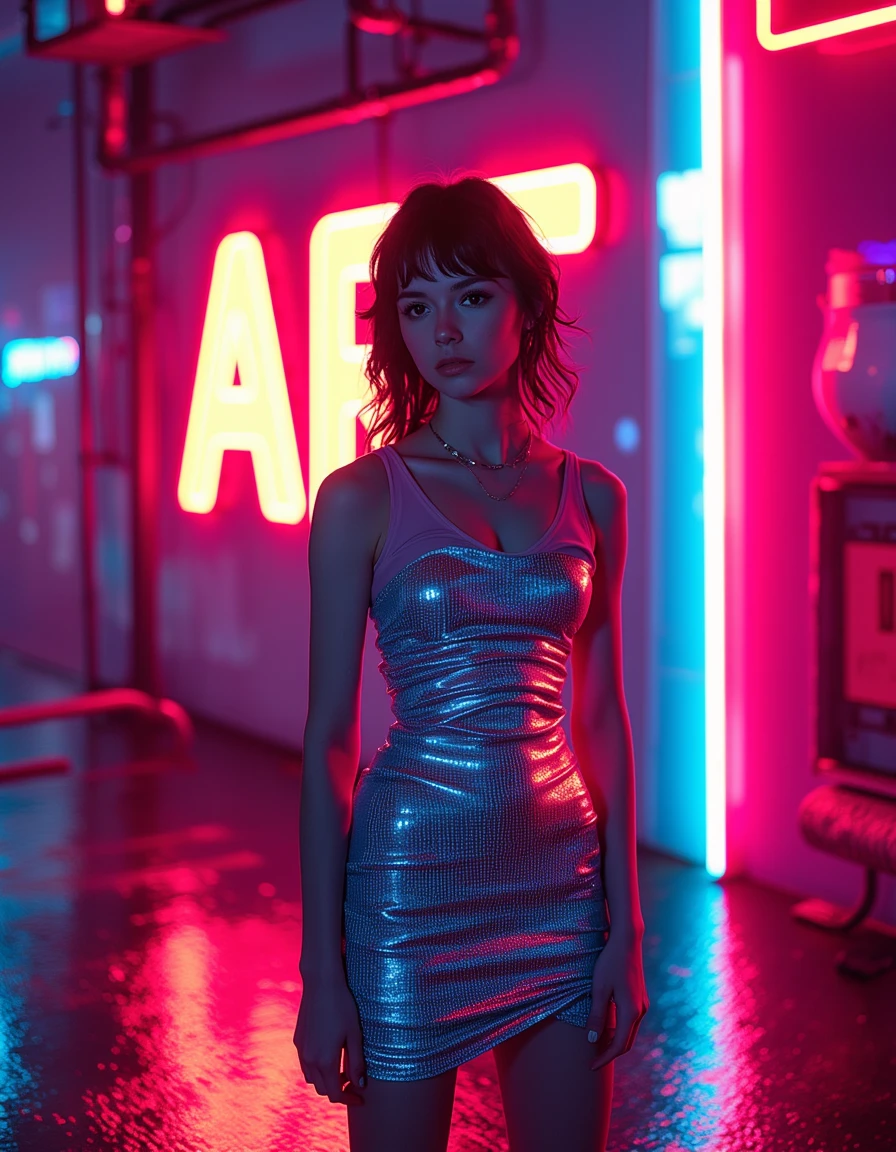 In a futuristic sci-fi setting, a woman stands confidently in front of a glowing neon sign that boldly displays the word 'ART.' She is dressed in a sleek, form-fitting neon dress that reflects the vibrant colors of the sign behind her. The dress, with its luminescent patterns and cutting-edge design, complements the electrifying atmosphere of the scene. The neon sign casts a radiant glow on her, illuminating the surrounding urban environment with a mix of bright, pulsating lights. The combination of her striking outfit and the bold sign creates a powerful image, merging the essence of art and technology in this futuristic world. <lora:SpaceOperetta:1>