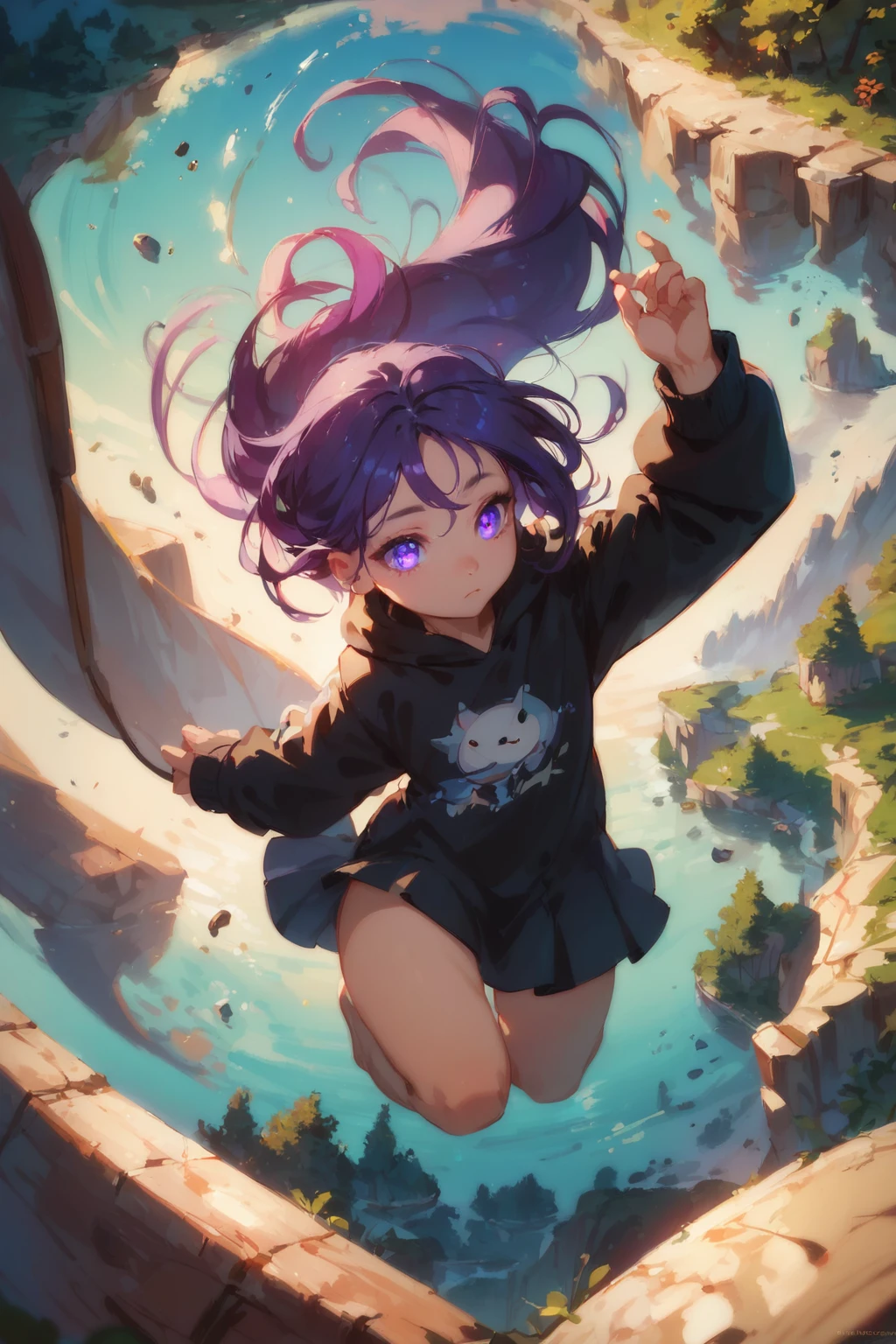 PDXL, 1girl, cute face, detailed eyes, 
short purple  hair,
glowing purple eyes, ,
black hoodie, black skirt, 
floating on top of water, lake