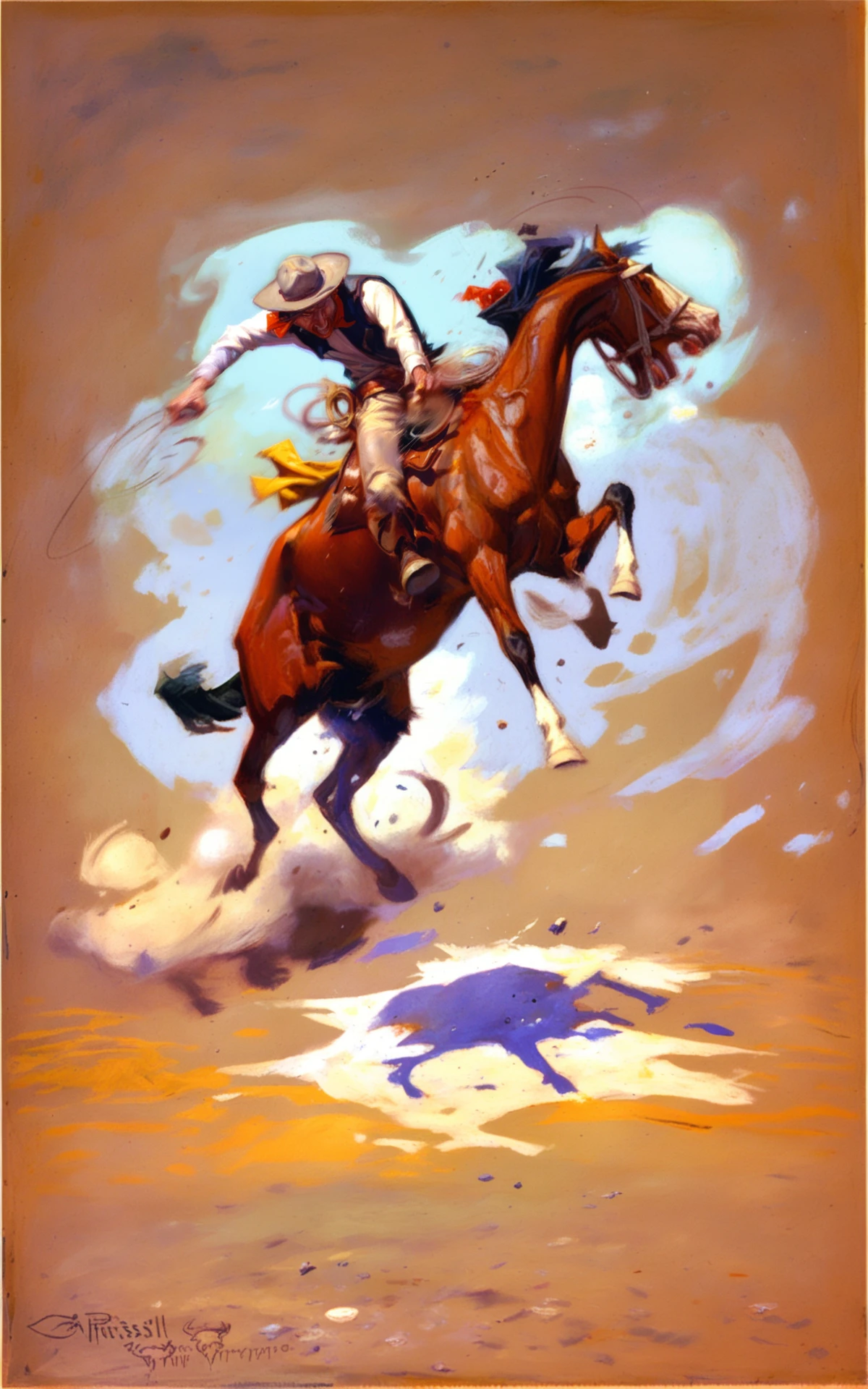 <lora:charles-marion-russel_pony_v6:1> 'American Old West' by russell charles marion in 1902, genre painting \(genre\), romanticism \(style\)  painting \(medium\) (The picture is of a cowgirl riding a horse that is bucking depicting a rodeo event.  The horse's bucking indicates that it is agitated or startled, adding to the intensity of the scene.:1.1), score_9, score_6_up, score_7_up