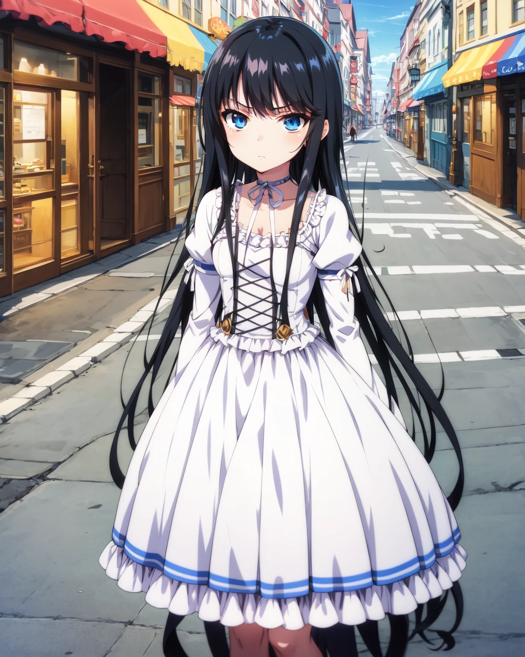 city,street,outdoors BREAK
natsuki_minamiya,1girl,solo,long hair,blue eyes,black hair,very long hair,
choker,puffy sleeves,white dress,white ribbon,neck ribbon,long sleeves,dress,ribbon,juliet sleeves,ribbon choker,
standing,serious,<lora:Natsuki_Minamiya(Strike The Blood)>,