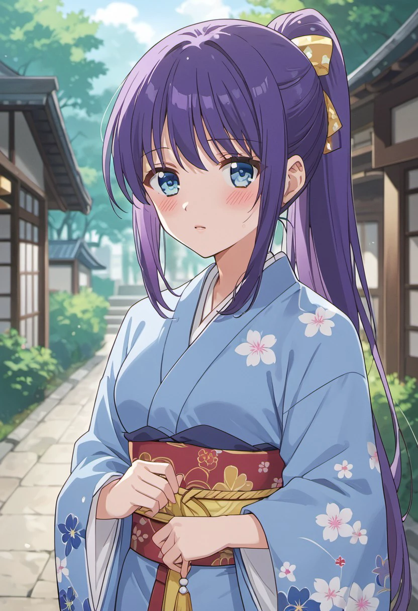 score_9, score_8_up, score_7_up, source_anime,ao horie, purple hair, long hair, blue eyes, 1girl, solo, blush, japanese clothes, looking at viewer, kimono, outdoors, :o, ponytail, blue kimono