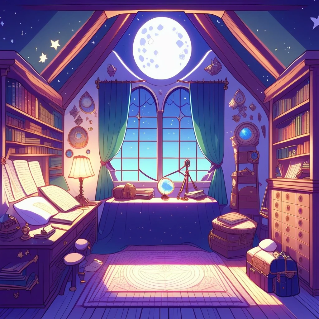 M4gicRoom, blanket, lamp, night sky, globe, table, loaded interior, desk, pillow, curtains, starry sky, fantasy, no humans, cup, bookshelf, moonlight, paper, full moon, scenery, bag, ladder, chair, bottle, wooden floor, star (sky), indoors, bed, treasure chest, telescope, book, crystal, drawer, window, shelf