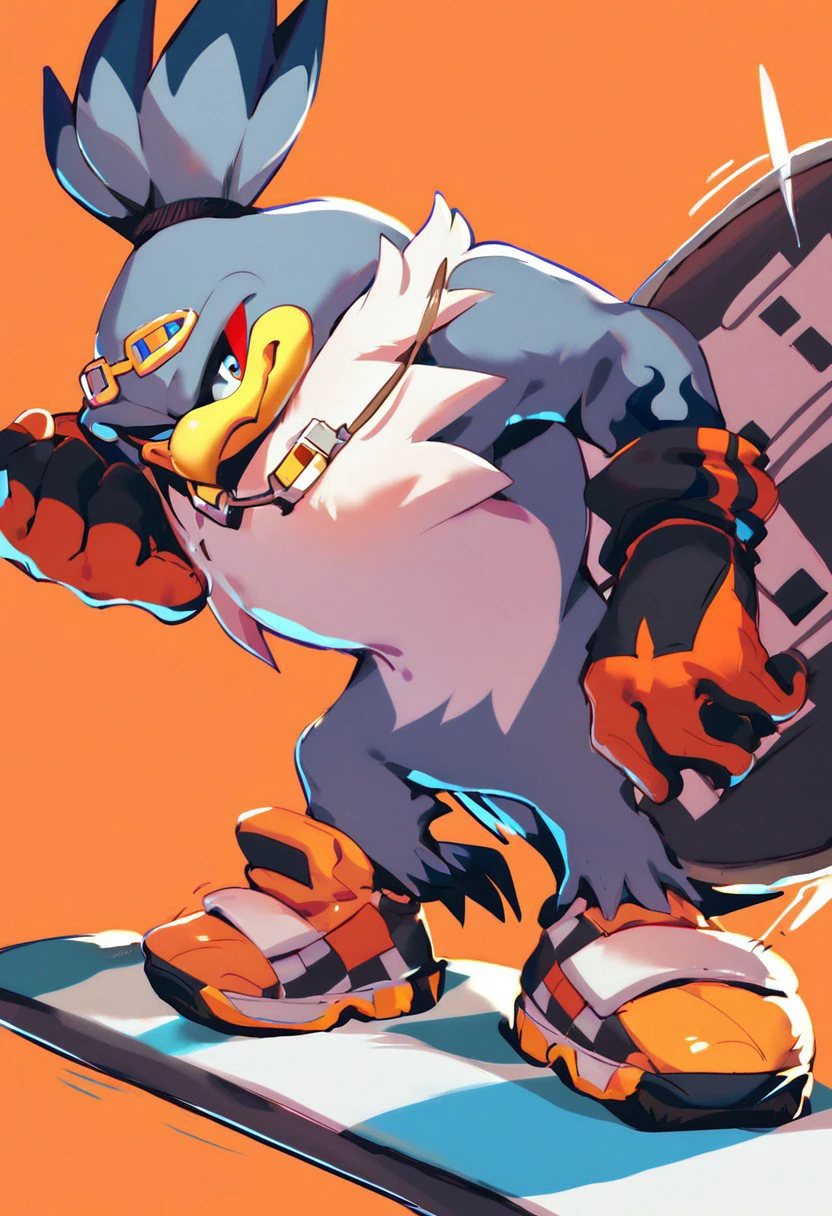 score_9, score_8_up, score_7_up, score_6_up, Storm the albatross, bird, beak, male solo, gloves, shoes, neckless, goggles, eyewear on head, hover board, extreme gear board, checkered dark gray and orange background, motion lines