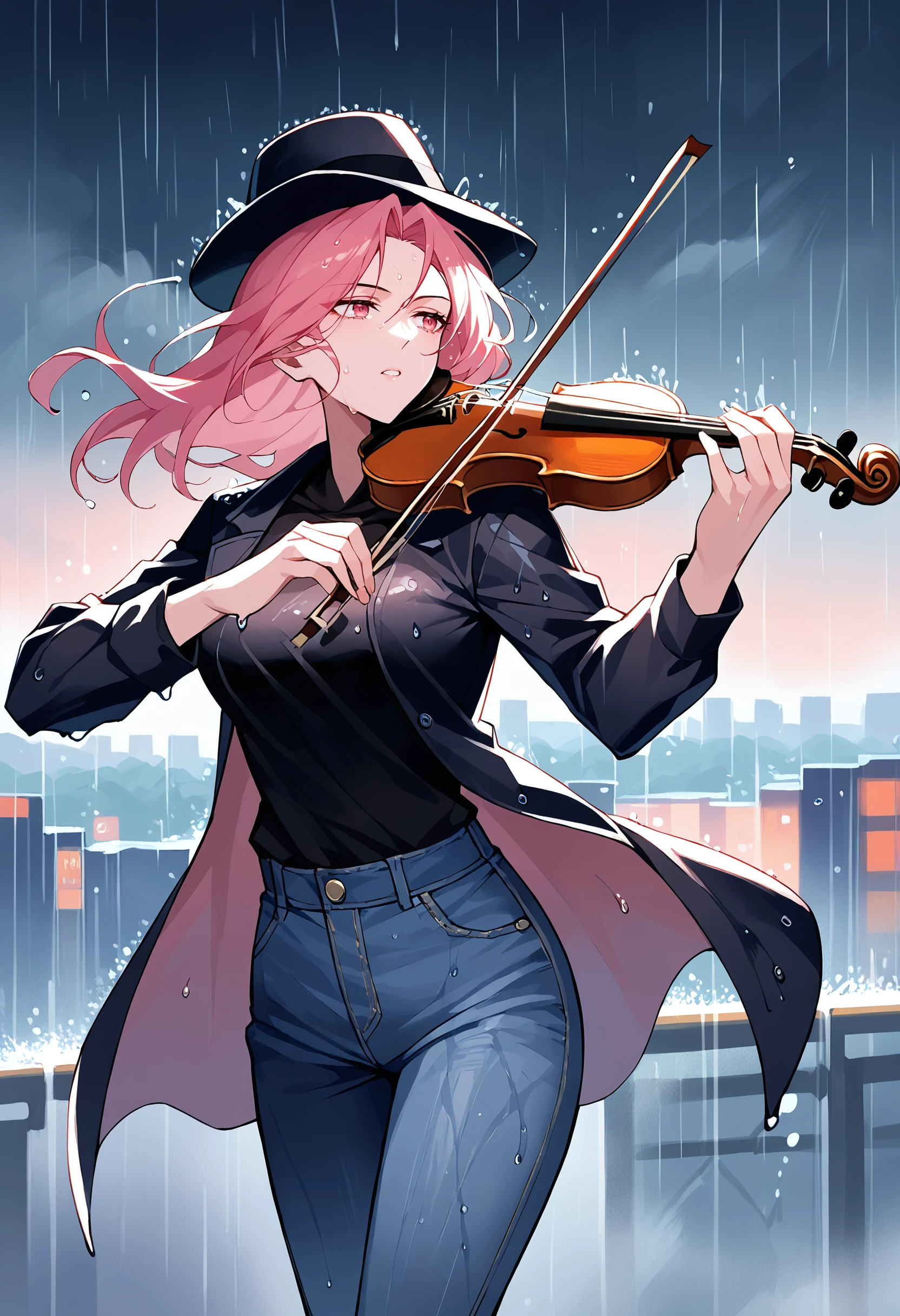 score_9, score_8_up, score_7_up, 1girl, action shot, pink hair, medium hair, pink eyes, focused, mature female, jacket, fedora, jeans, black shirt,  playing-violin, violin,holding, bow (music), playing violin, wind, heavy-rain, rain, wet, cloudy, dark, wet clothes, wet hair, city, cityscape
<lora:Playing Violin (pony) v1:1>  <lora:Rain (pony) v1:0.9>