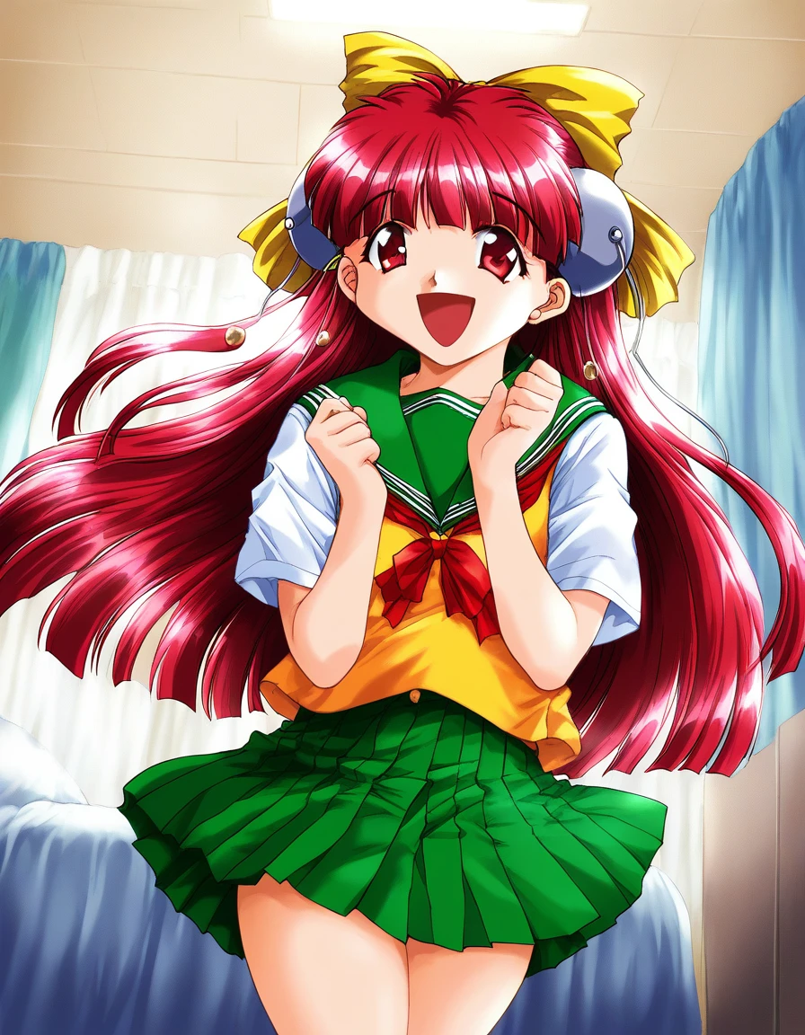 score_9, score_8_up, score_7_up, source_anime, rating_explicit, BREAK  <lora:Nanako_RISE_XL:1>ãNanako_RISE, long hair, red hair, red eyes,  bangs,  hair bow, headgear, yellow bow,
1girl, solo, school uniform,  bow,  open mouth, green skirt, indoors, pleated skirt,  Yellow serafuku, short sleeves, smile,
room, curtain,