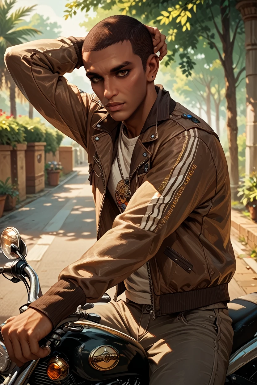 score_9, score_8_up, score_7_up, score_6_up
<lora:ACBayek:1.0>
ACBayek, 1boy, brown hair, brown eyes, buzz cut, looking at viewer, sitting on a vintage motorcycle, with an open road stretching into the distance