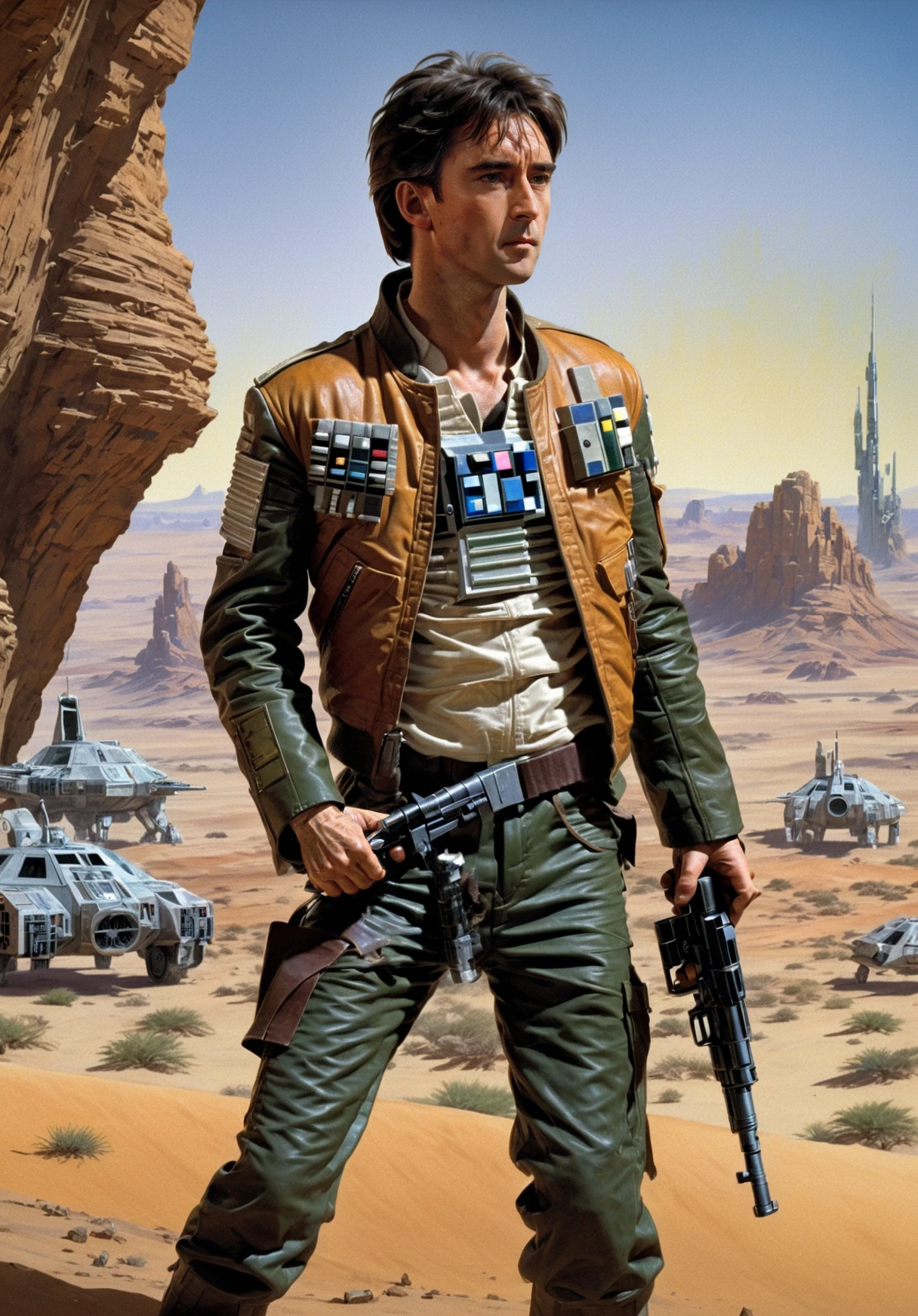 (establishing shot1.5) (side view1.5) of <lora:WedgeAntilles:1> WedgeAntilles a character from Star Wars is wearing a leather jacket and military fatigues, ((short hairstyle)), (((aiming a sci-fi gun))), background of Star Wars desert planet, dramatic shadows, pose inspired by Boris Vallejo, brushwork echoing Carne Griffiths, and color palette reminiscent of Wadim Kashin, set under studio lighting, captured with a 5d camera, in HDR, 8k resolution, sharp focus, infused with a graphic novel aesthetic, cinematic