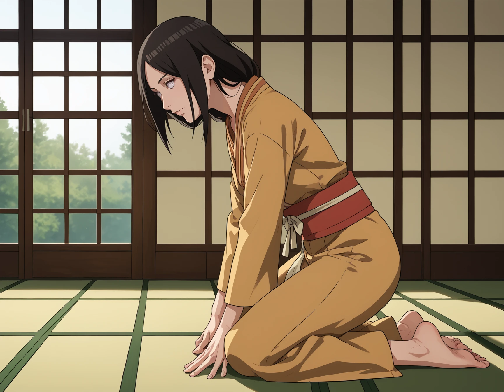 <lora:Hanabi:1>, hanabi hyuuga, 1girl, solo, kimono, kneeling, japanese dojo, windows, side view, score_9, score_8_up, score_7_up, source_anime,