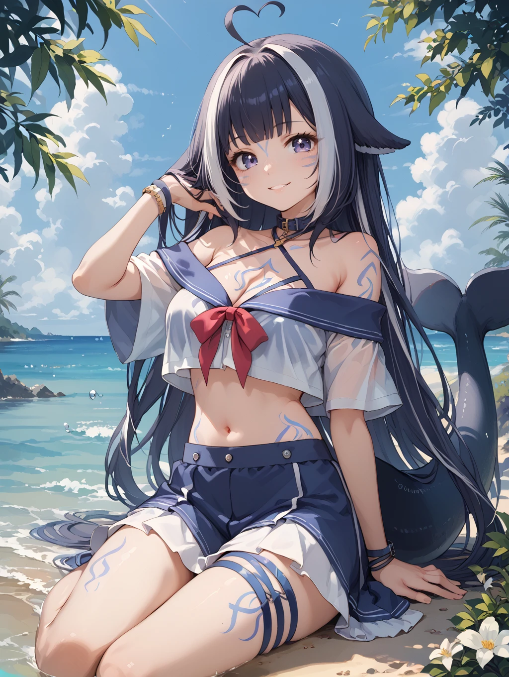 nsfw,(((white coat))),open coat,(no bra), ((black hair)),lying on sand,(((anime fine details portrait of kyaru, a delicate girl from princess connect re dive,)),(extremely delicate and beautiful), best quality, official art, headpiece, global illumination, soft shadow, super detailed, realistic lighting, grand scene, 4k, complicated background, super detailed background, more detailed, rich detailed,light smile,(((blush))),cat ears, fluffy ears,extremely detailed cg unity 8k wallpaper,(focus-on:1.1),(1 girl),full body,beach,long (sliver) hair glows,green eyes,multicolored hair,twintails,(long hair ),bowl cut,{{{{black hair }}},white stripe on hair, streaked_hair,glowing hair,ribbon, green eyes, ferocious eyes, very brilliant eyes, beautiful detailed eyes, shiny eyes, gradient eyes, small breasts, coquettish,full body,(forbidden eyes), tsundere, japanese illustration,beach background, anime, masterpiece, {full body}, extremely detailed cg unity 8k wallpaper, by baisi-shaonian