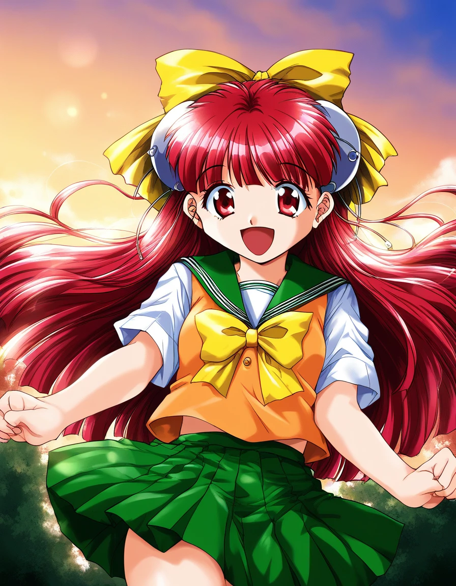 score_9, score_8_up, score_7_up, source_anime, rating_explicit, BREAK  <lora:Nanako_RISE_XL:1>ãNanako_RISE, long hair, red hair, red eyes,  bangs,  hair bow, headgear, yellow bow, solo,
Yellow school uniform, smile, open mouth, bow, hat, green skirt,  Yellow short sleeves,
outdoor, sky, school,