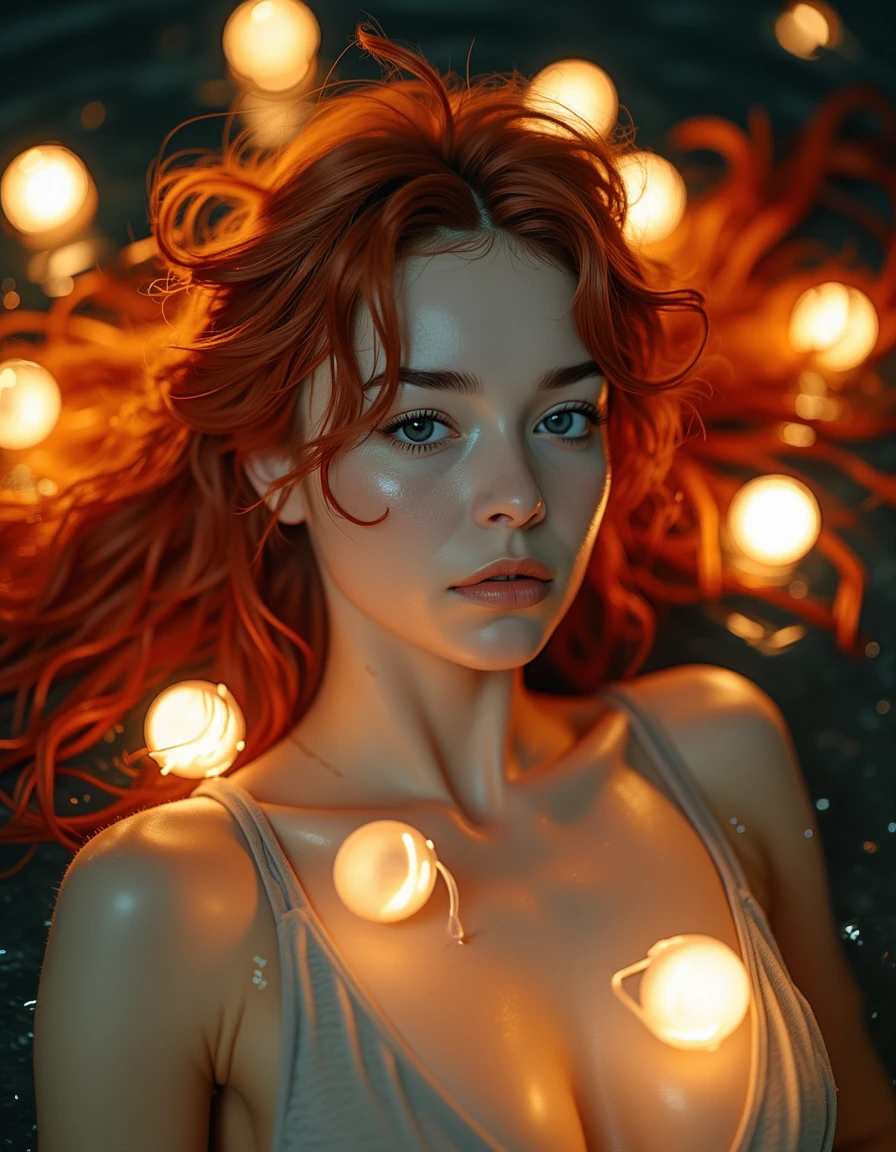 A beautiful young woman with flowing red hair lies gracefully in the water, her hair fanning out like a fiery halo around her. The water reflects the soft light, creating a serene and ethereal atmosphere. Surrounding her are glowing balls of light, gently floating and casting a warm, magical glow on her delicate features. The soft, luminous orbs create an enchanting contrast with the calm, dark water, enveloping her in a dreamlike aura. Her peaceful expression and the serene setting evoke a sense of tranquility and otherworldly beauty, as she appears to be in a state of blissful repose amidst the glowing lights. <lora:SpaceOperetta:1>