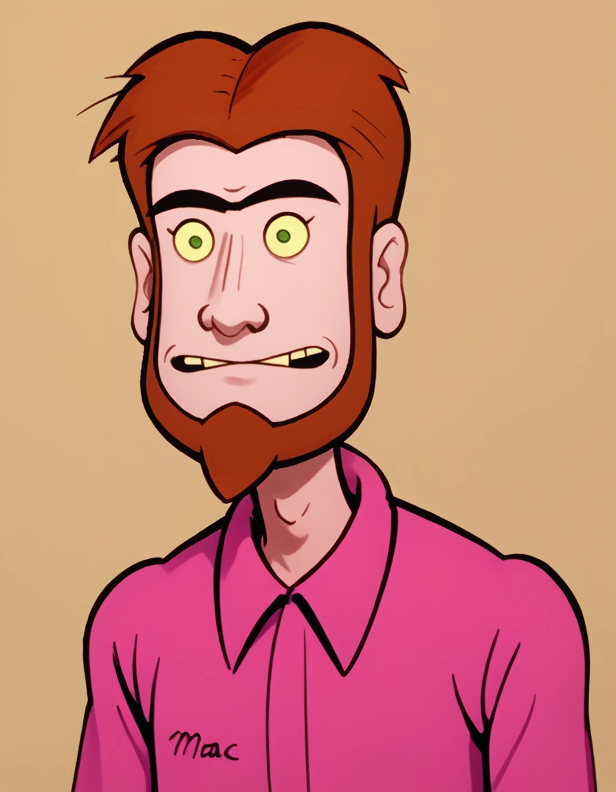 <lora:Jim_Kuback_-_Mission_Hill:1> mh_jim, 1boy, unibrow, red_hair, red_beard, pink_buttondown_shirt, mac_shirt, jeans, yellow sclera, portrait, source_cartoon, score_9, score_8_up, score_7_up,