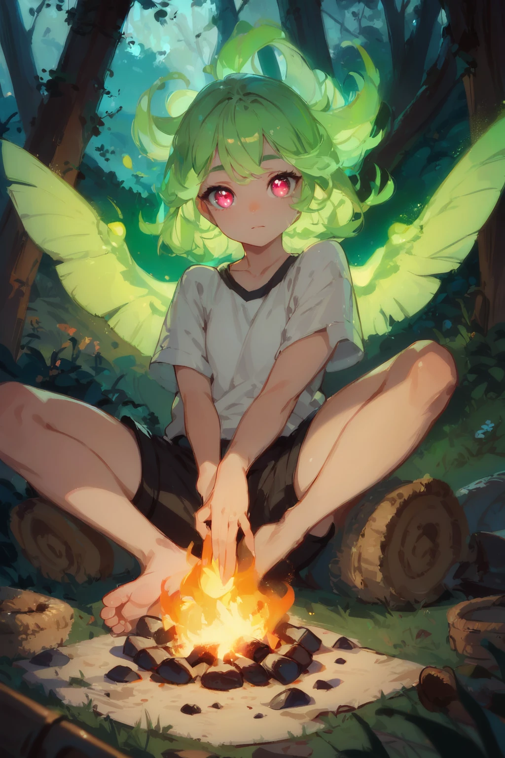 PDXL, 1girl, cute face, detailed eyes, 
long green glowing hair,
glowing red eyes, ,
white shirt, black shorts, 
sitting beside a campfire