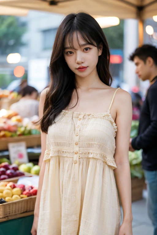 masterpiece, best quality, ultra-detailed, ultra high res, (photorealistic:1.4), raw photo, (realistic:0.2), 8k HDR, realistic lighting, looking at viewer, 1girl, solo, asymmetrical hair, outdoor, (traditional market:1.2), (day), bokeh, (detailed lips), (detailed pores), (detailed skin textures), (detailed face:1.2), (body:1.2), a woman in a sundress, cowboy shot, thigh gap