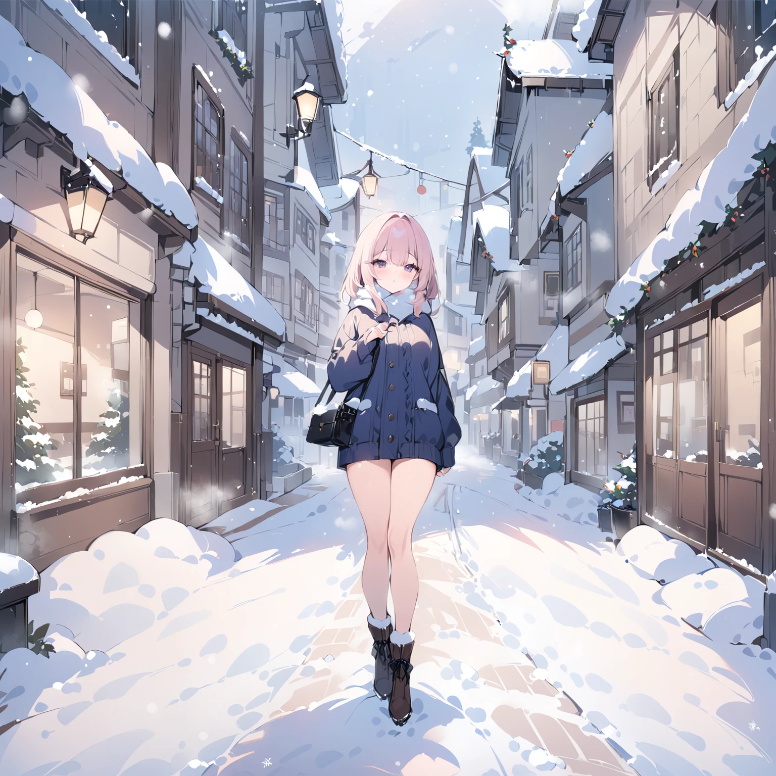 1girl, snow, snowing, town street, day, <lora:Snowbound-SDXL:1>, snowbound, BREAK score_9, score_8_up, score_7_up, best quality, masterpiece, 4k, prefect lighting, very aesthetic, zPDXL2