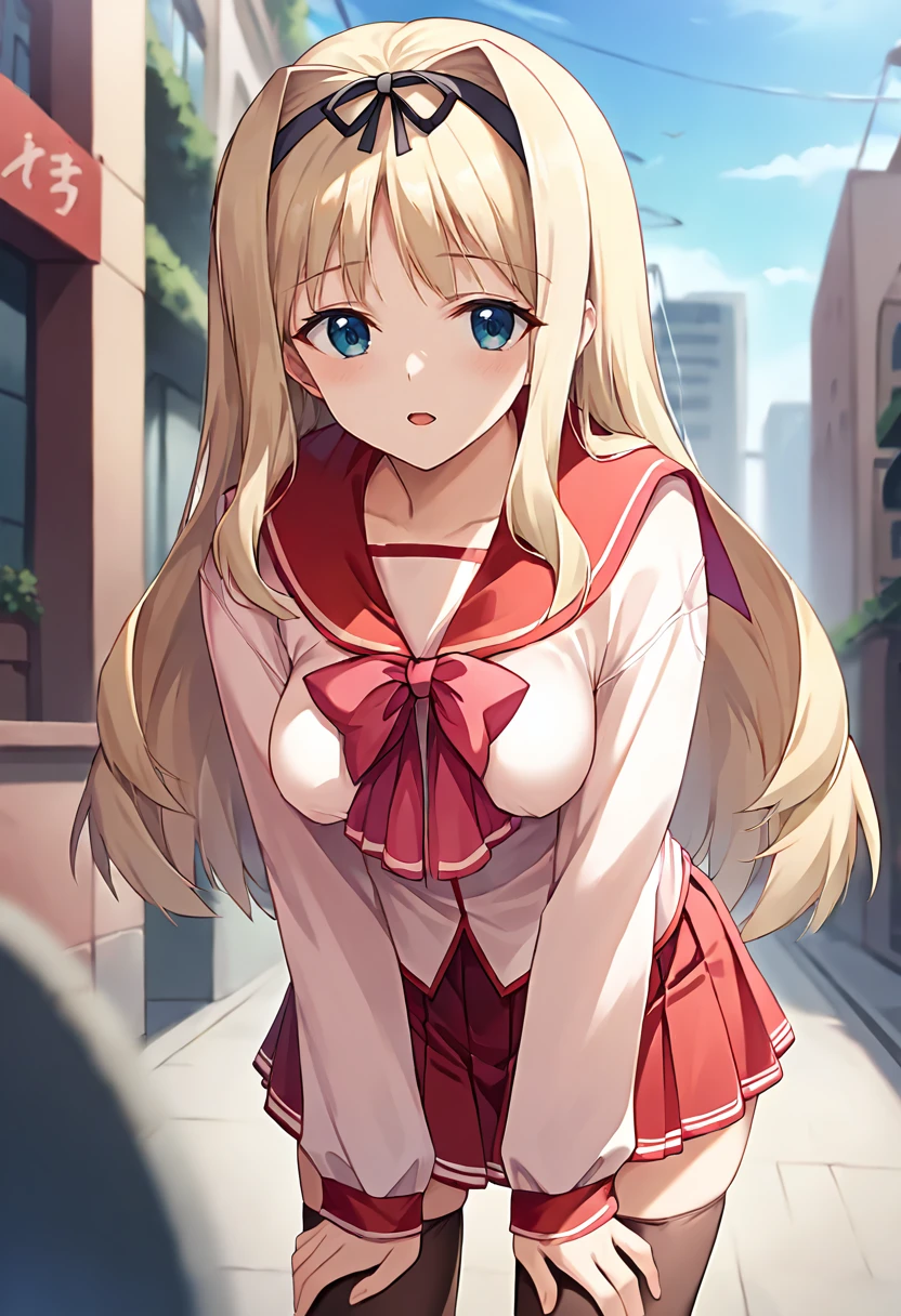 score_9, score_8_up, score_7_up, masterpiece, source_anime, 1girl, ct_sasa, long hair, medium breasts, blonde hair, black hairband, light pink serafuku, red sailor collar, neck ribbon, puffy long sleeves, red skirt, black thighhighs, outdoors, city, depth of field, looking at viewer, cowboy shot shiny skin, leaning forward, <lora:KusugawaSasara_Pony_ct:1>