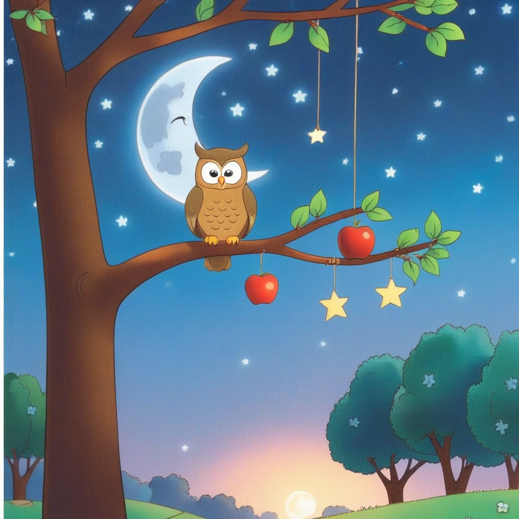 <lora:flat-illustration:1>,
An owl is sitting on a tree branch. Apples are hanging from the tree. It is evening and the moon and stars are in the sky.