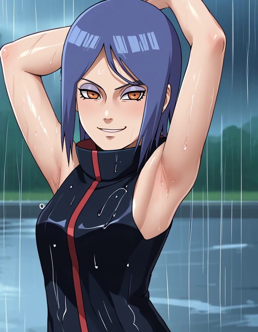 <lora:Konan:1>,  konan (naruto), sleeveless, one arm raised, smirk, armpit, black clothing, rain, depth of field,