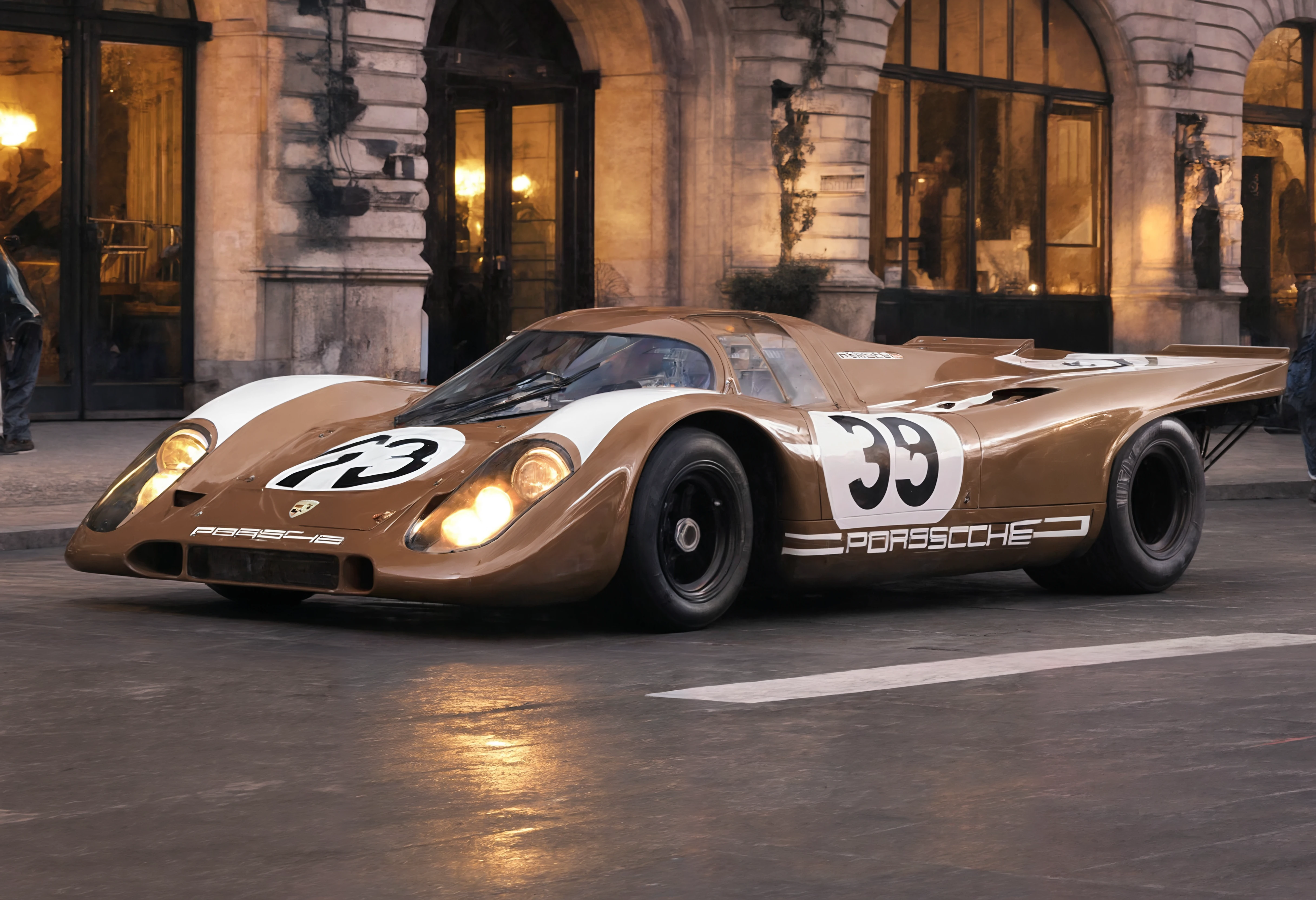 a photograph of a Toffee Brown p0rsche9l7xl car, 917k, front 3/4 view,     Paris, France: Elegance in the City of Light., (Dusk: The transition from day to night, characterized by subtle colors and serene beauty.:1.25), 