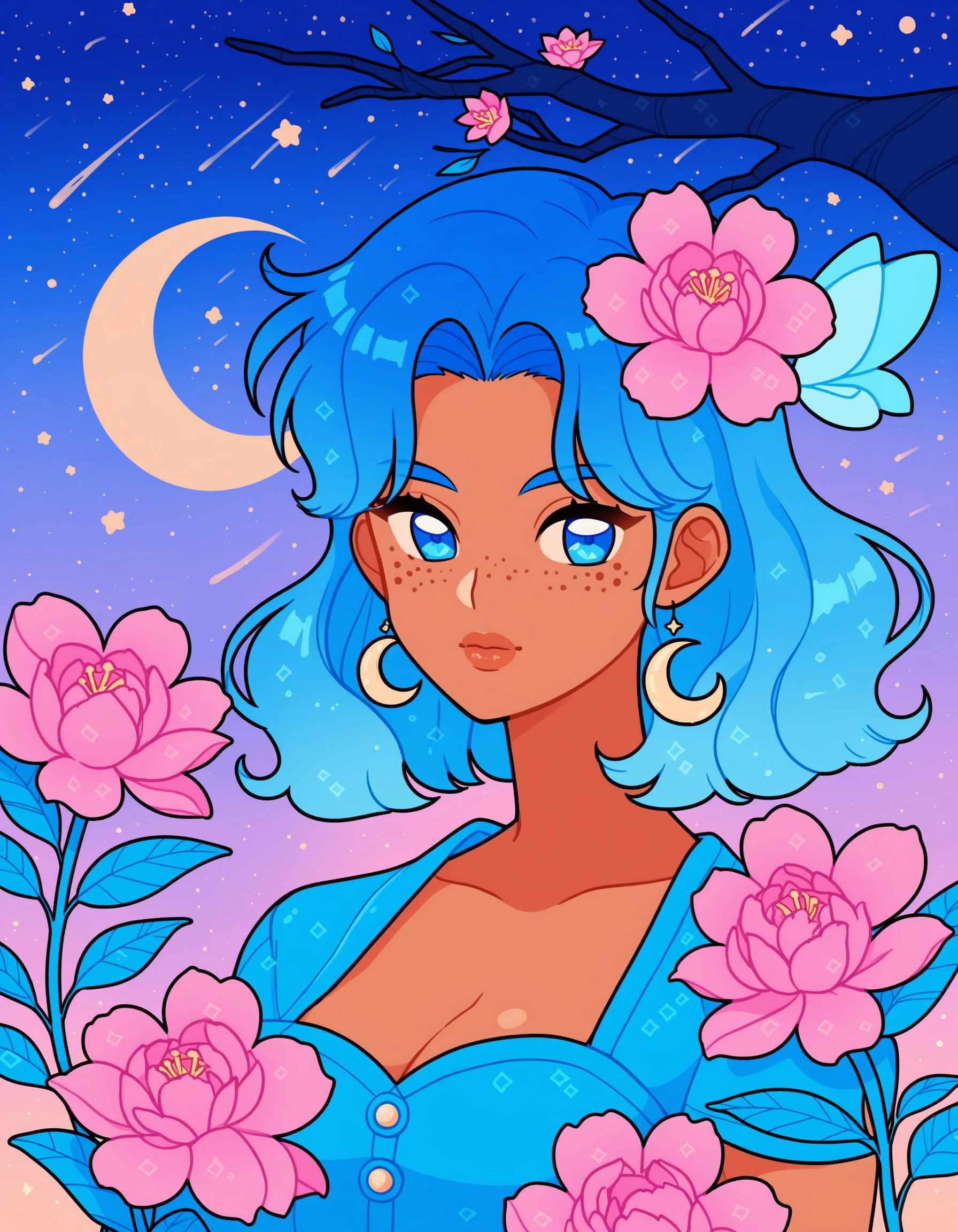 score_9, score_8_up, score_7_up, 1girl, solo, breasts, looking at viewer, blue eyes, hair ornament, cleavage, blue hair, upper body, flower, sky, artist name, hair flower, dark skin, dark-skinned female, aqua hair, night, leaf, moon, bug, plant, star (sky), night sky, pink flower, starry sky, freckles, blue flower, purple flower, crescent moon, Celestial Kawaii Style, <lora:6f60af9c-b9d9-4d64-9e44-1e70b847424a:0.7>