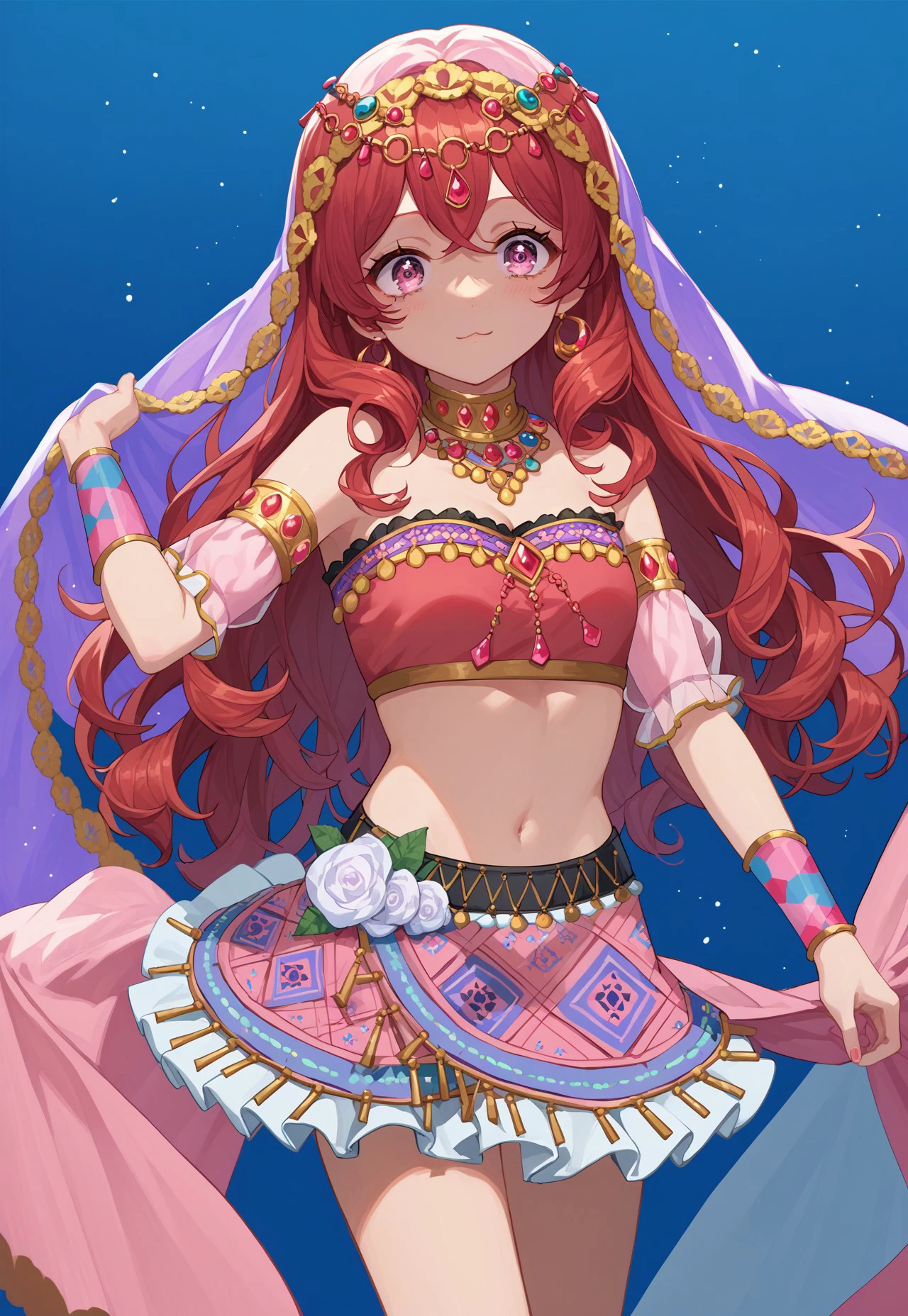 score_9, score_8_up, score_7_up, source_anime, 1girl, solo, llsif_dancer, pink bandeau, pink skirt, Teruko, red hair, (hair down), long hair, pink eyes, curly eyes, short skirt, arabian clothes, dancer,