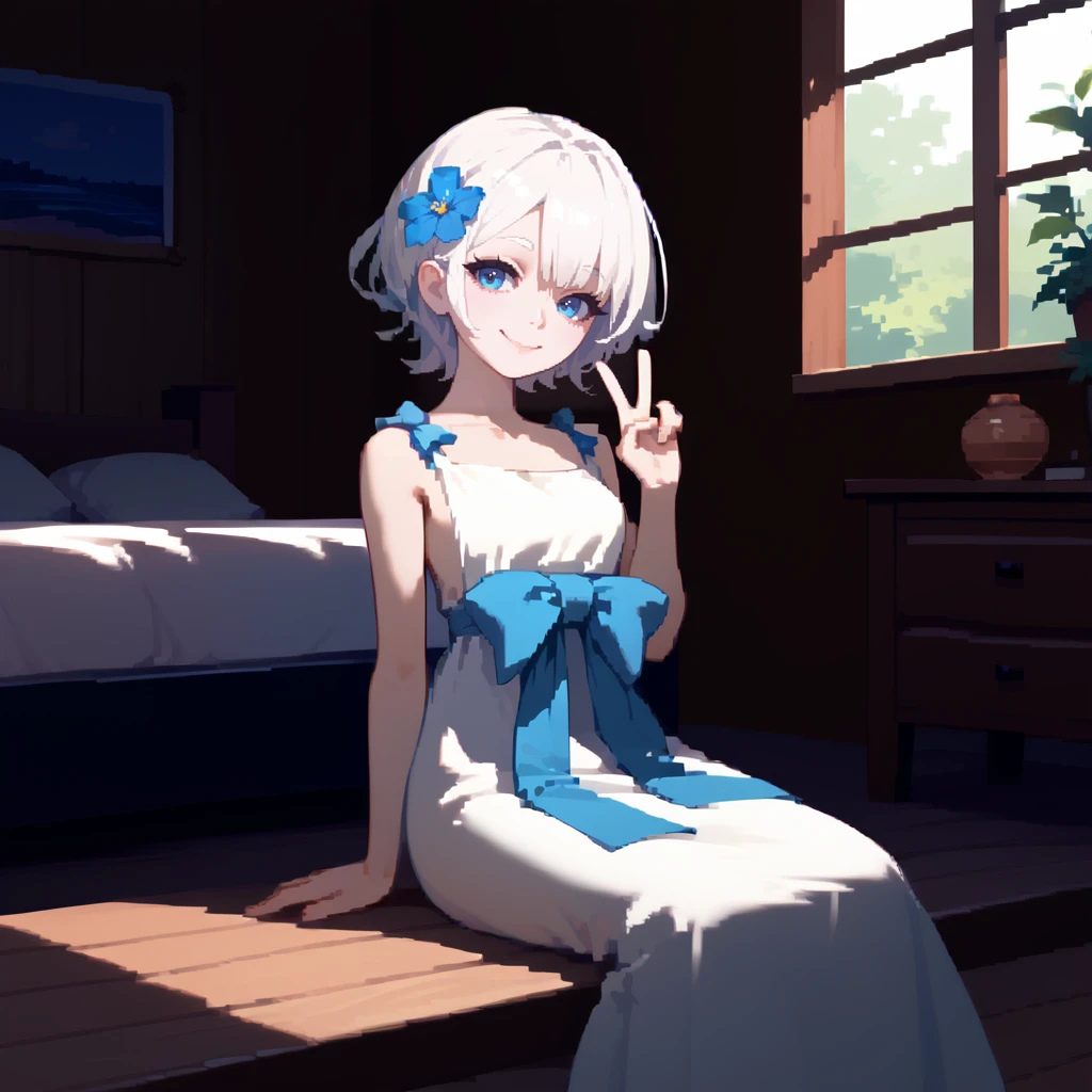 1girl,solo,<lora:yonah:1>,"adult-yonah,white hair,short hair,blue eyes,white dress,dress bow,waist bow,hair flower",
indoors,bedroom,cabin,wooden floor,
looking at viewer,smile,closed mouth,sitting,on bed,hand up,v,arm support,, score_9, score_8_up, score_7_up, perfect anatomy, source_anime, zPDXL2,