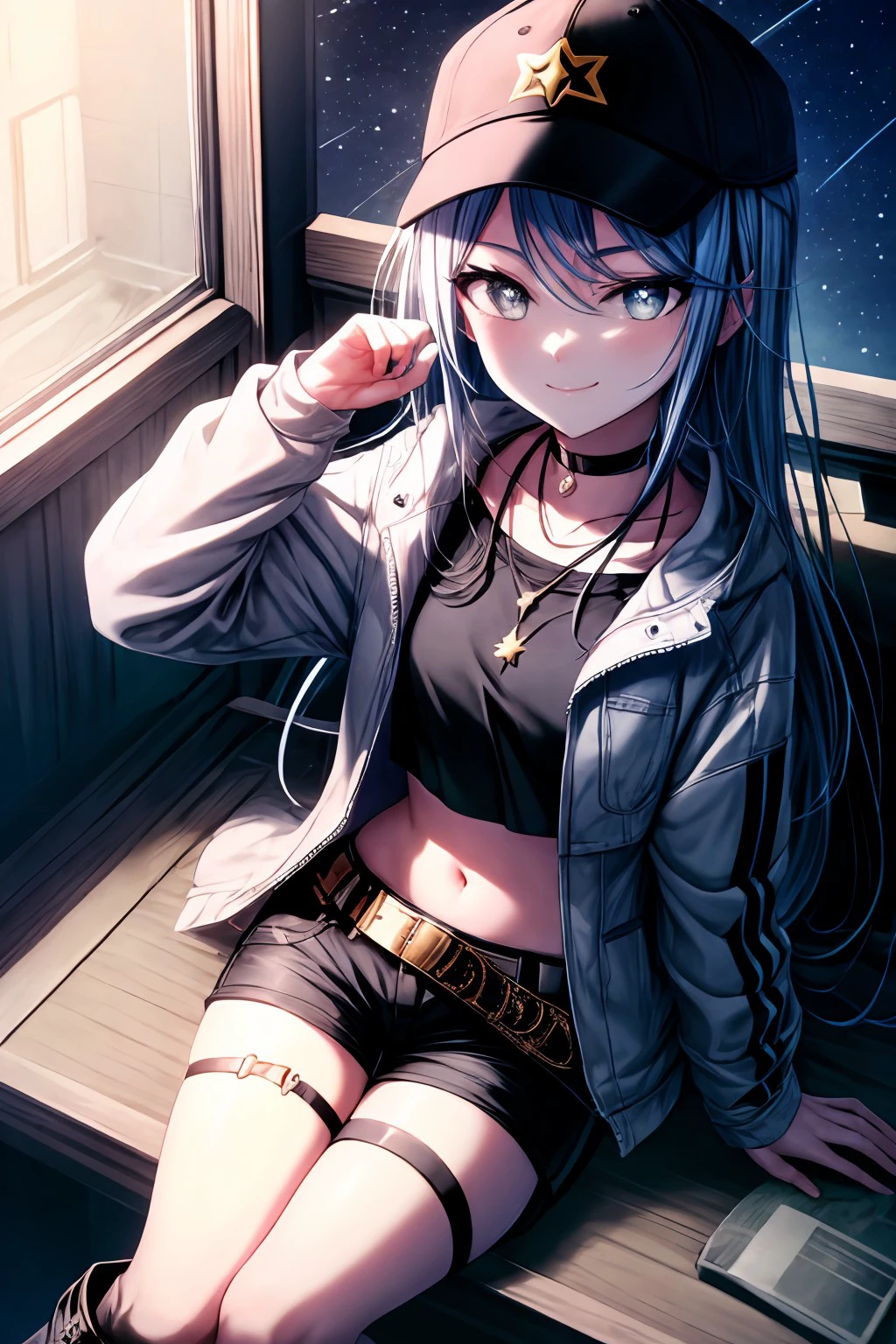 (masterpiece), best quality, expressive eyes, perfect face, h_ichika, looking at viewer, smile,  skirt, shirt, hat,hair between eyes, jewelry, sitting, closed mouth, collarbone, jacket, boots, open clothes, sky, shorts, solo focus, choker, triped, belt, necklace, star (symbol), black footwear, open jacket, crop top, dutch angle, black headwear, thigh strap, night, feet out of frame, arm support, from above, black choker, knee boots, looking up, blue jacket, star (sky), night sky, straight hair, baseball cap, light particles, tsurime, starry sky, blue theme, dot nose, looking afar, <lora:more_details:0.7>, <lora:99f9cff9-1277-4a53-bd19-47ba8cbb6821:0.7>